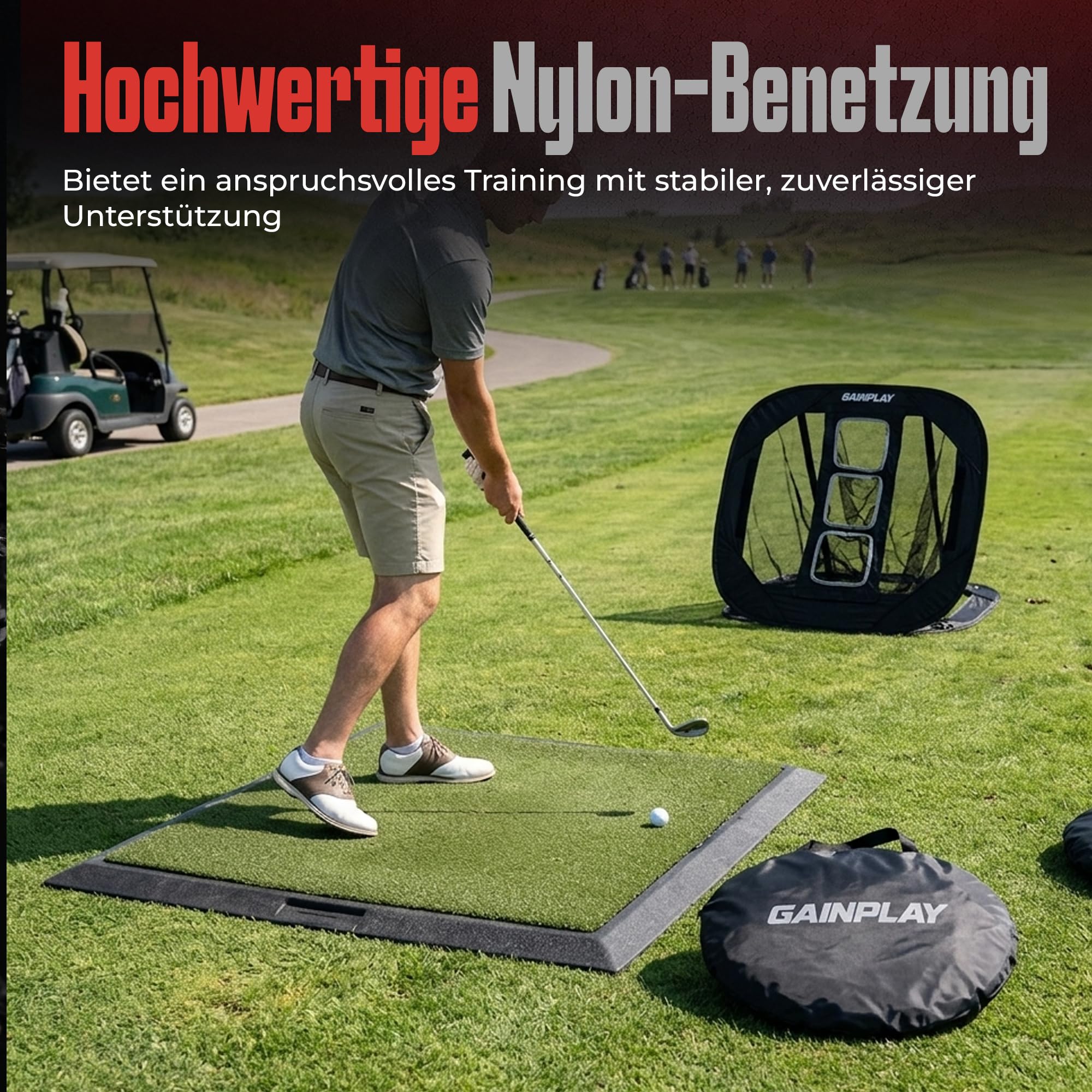 GainPlay Golf Chipping Netz – Trainingsnetz mit verstellbaren & herausnehmbaren Zielzonen (horizontal & vertikal), Pop-Up Design, tragbar mit Tasche – Golf Übungsnetz für Präzisionstraining