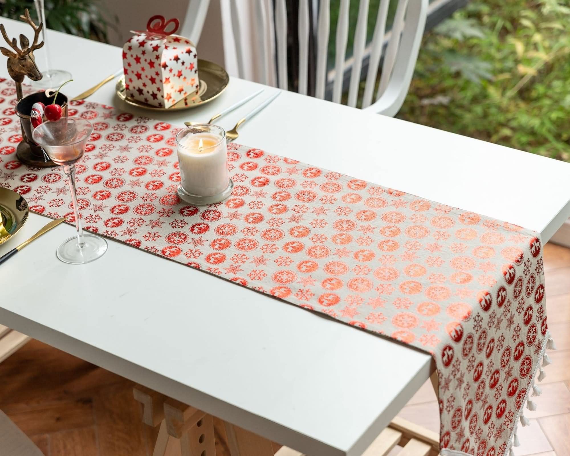 Caminos de Mesa Estampados, Centros Decorativos de Mesa Modernos Borlas con Estampado de Copos de Nieve Navideños Rojo Algodón 33x180CM