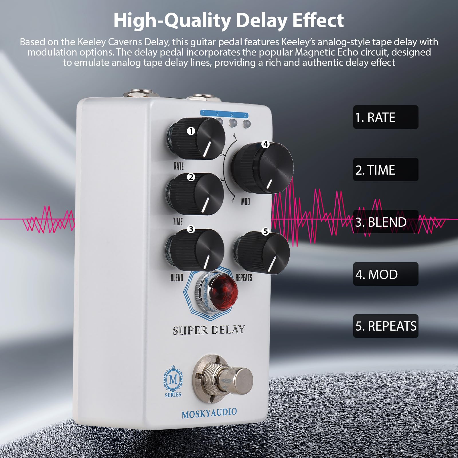 Pedał Efektów Gitarowych Super Delay z Analogowym Opóźnieniem Taśmowym dla Gitarzystów Elektrycznych | Mieszanie/Czas/Szybkość/Powtórzenia/Pokrętło 4 Trybów | True Bypass, Wytrzymały Stop