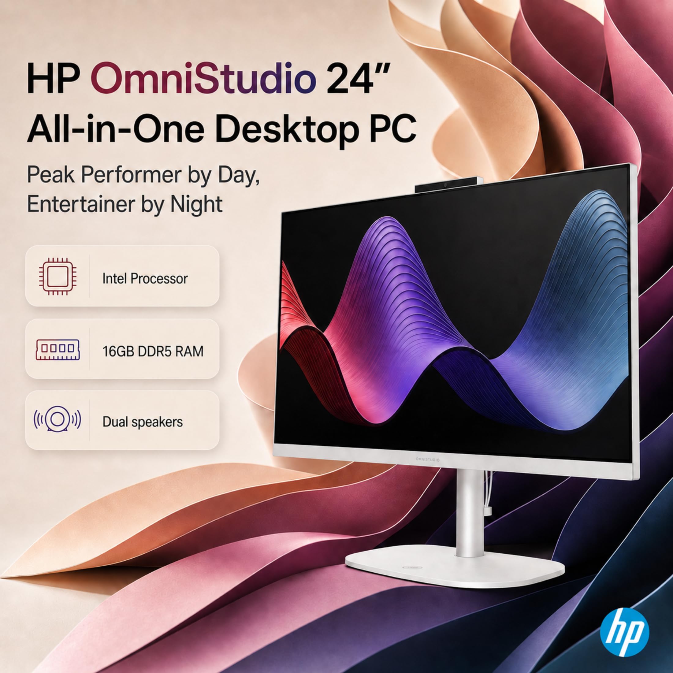 HP OmniStudio 24" Full HD All-in-OneDesktop Computer, 16GB DDR5 RAM, Intel Quad-Cores, 128GB SSD, WiFi6, Keyboard & Mouse, Windows 11 image 2