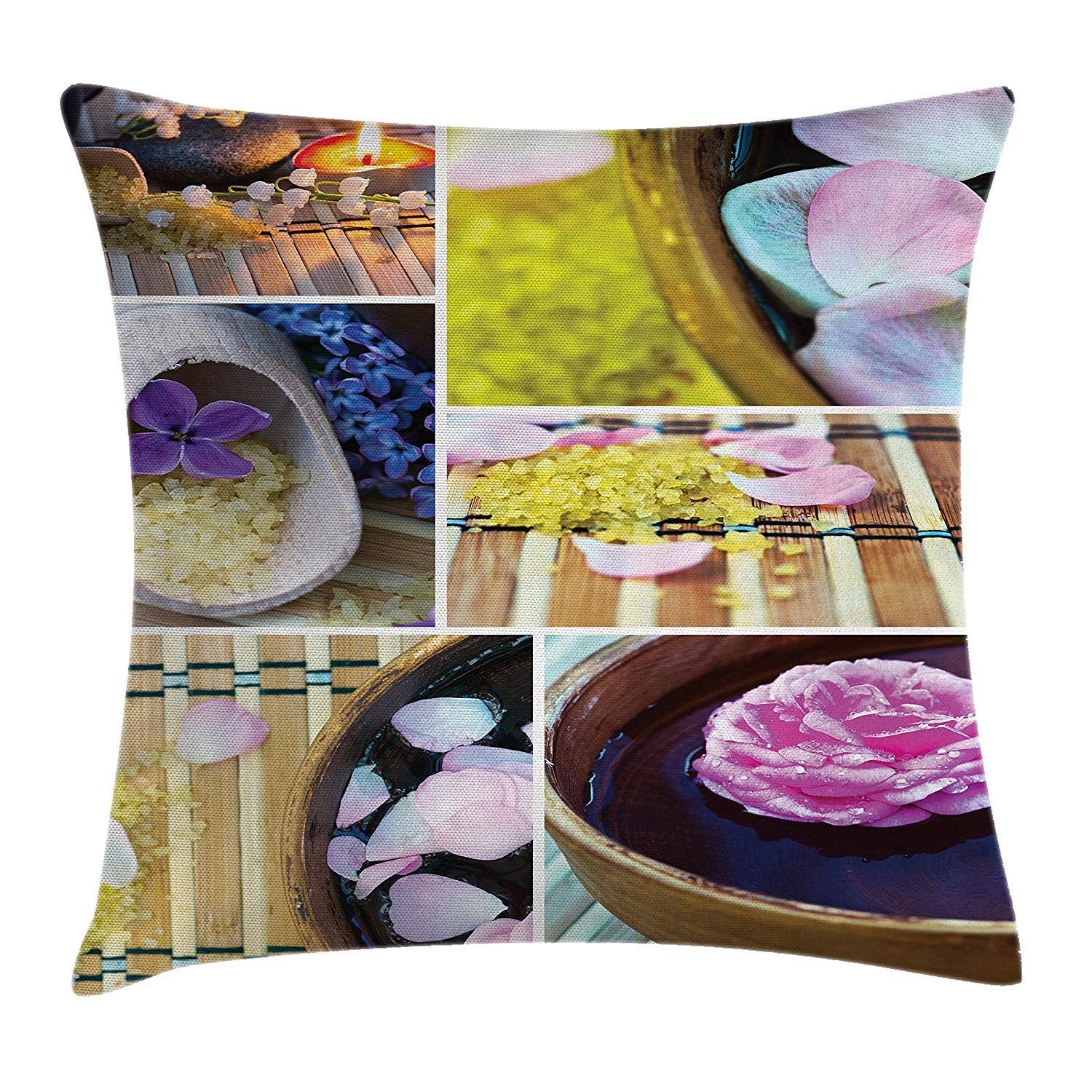 FGHJKL Home Decor Throw Pillow Cushion Cover, Spa Organic Cosmetics Wooden Bowl Petals Lavender Candle Pebbles Oils Image, Decorative Square Accent Pillow Case,Purple Brown 26X26INCH