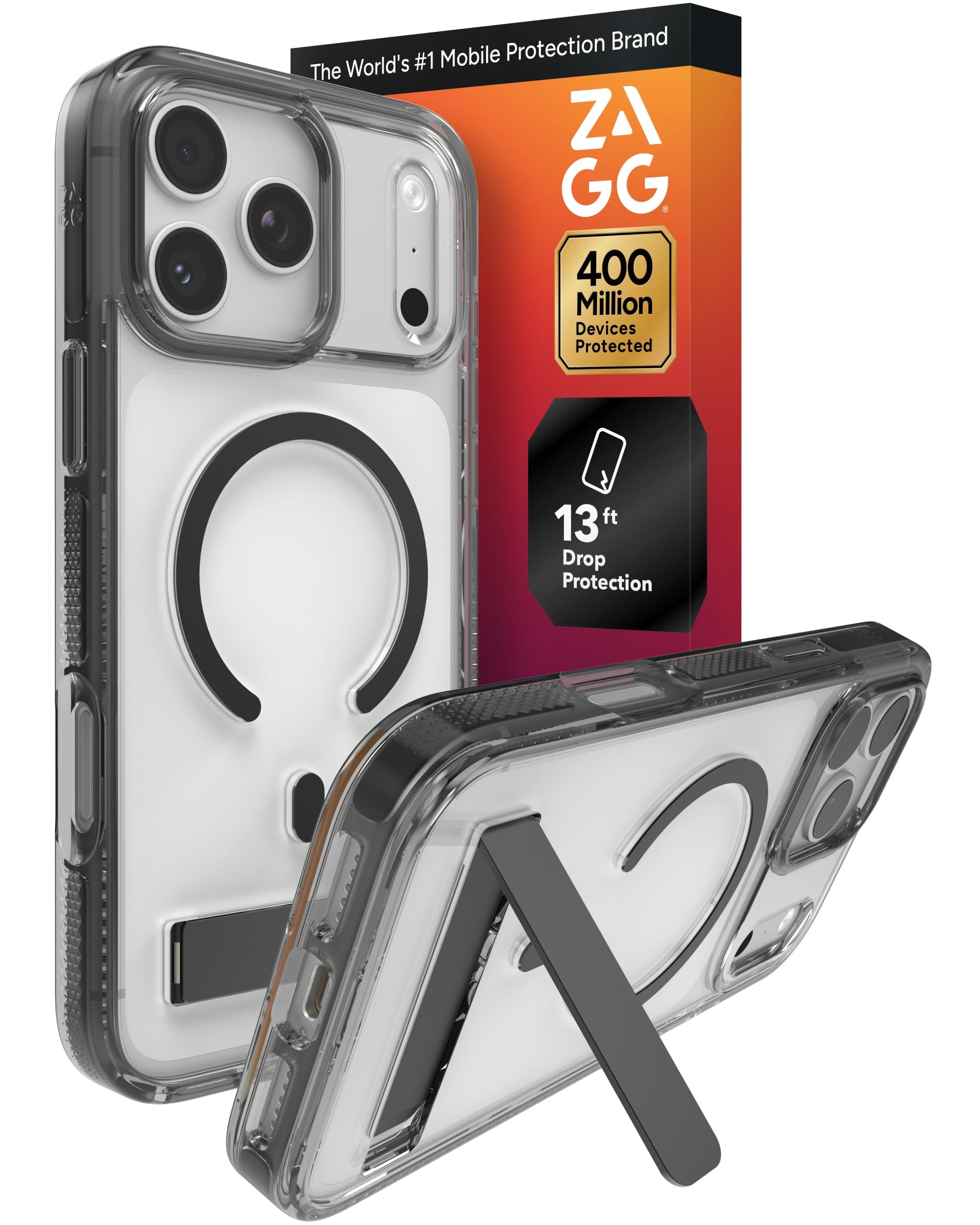 ZAGG Santa Cruz Snap Case with Kickstand for iPhone 17 Pro Max - Jet Black, Drop Protection (13ft/4m), MagSafe Charging Compatible, ClearGuard Anti-Yellowing Technology, Scratch Resistant Phone Case