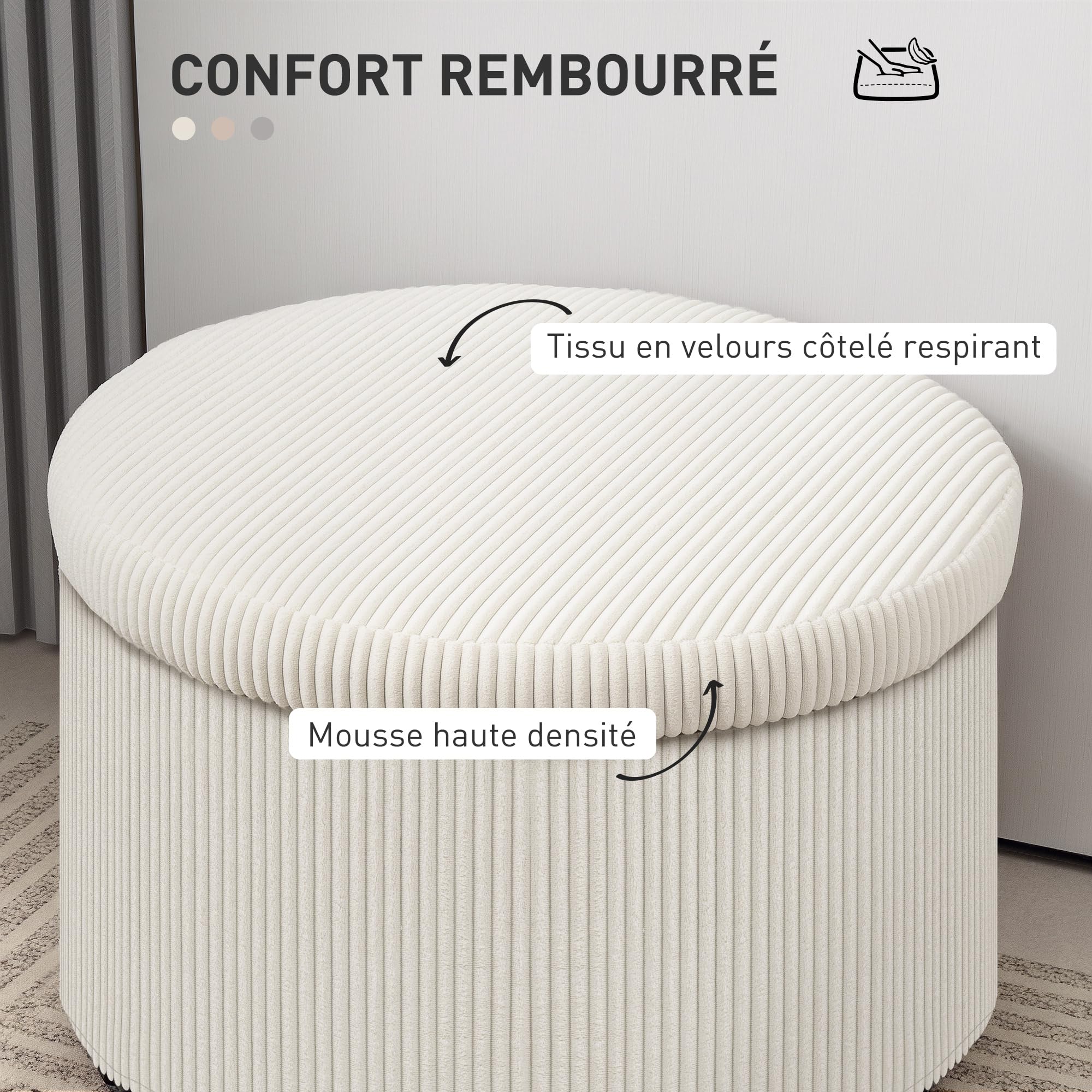 HOMCOM Pouf Coffre Rangement, Tabouret Rond, 120 Kg, Ø 60 x 41 cm, Beige