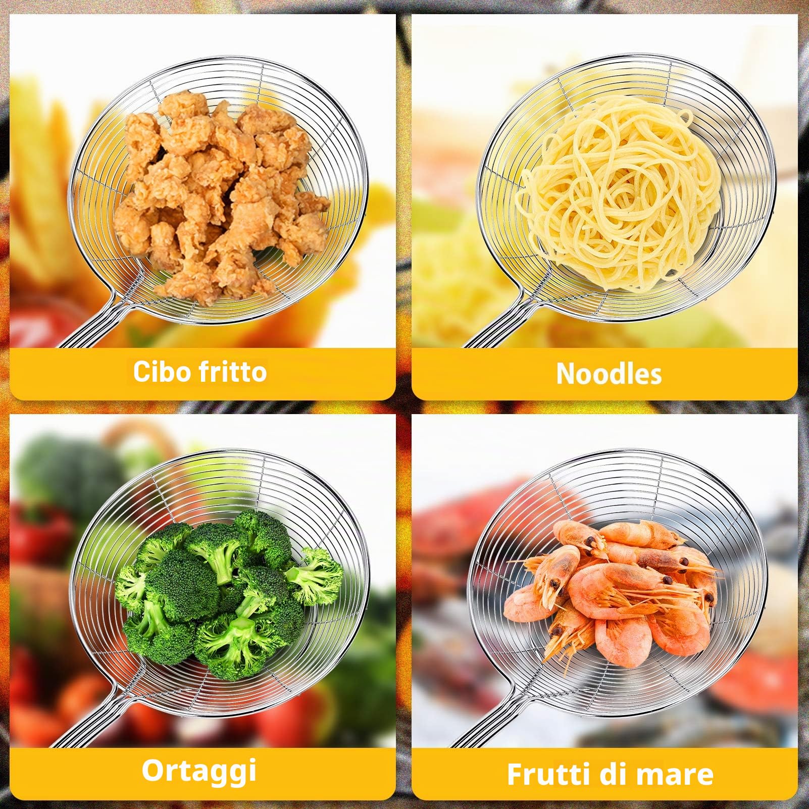 Confezione da 2 grandi colini a ragno, cestello per schiumare in acciaio inox, colini per mestoli da cucina, cucchiai a rete con manico lungo, strumenti di cottura per frittura, gnocchi