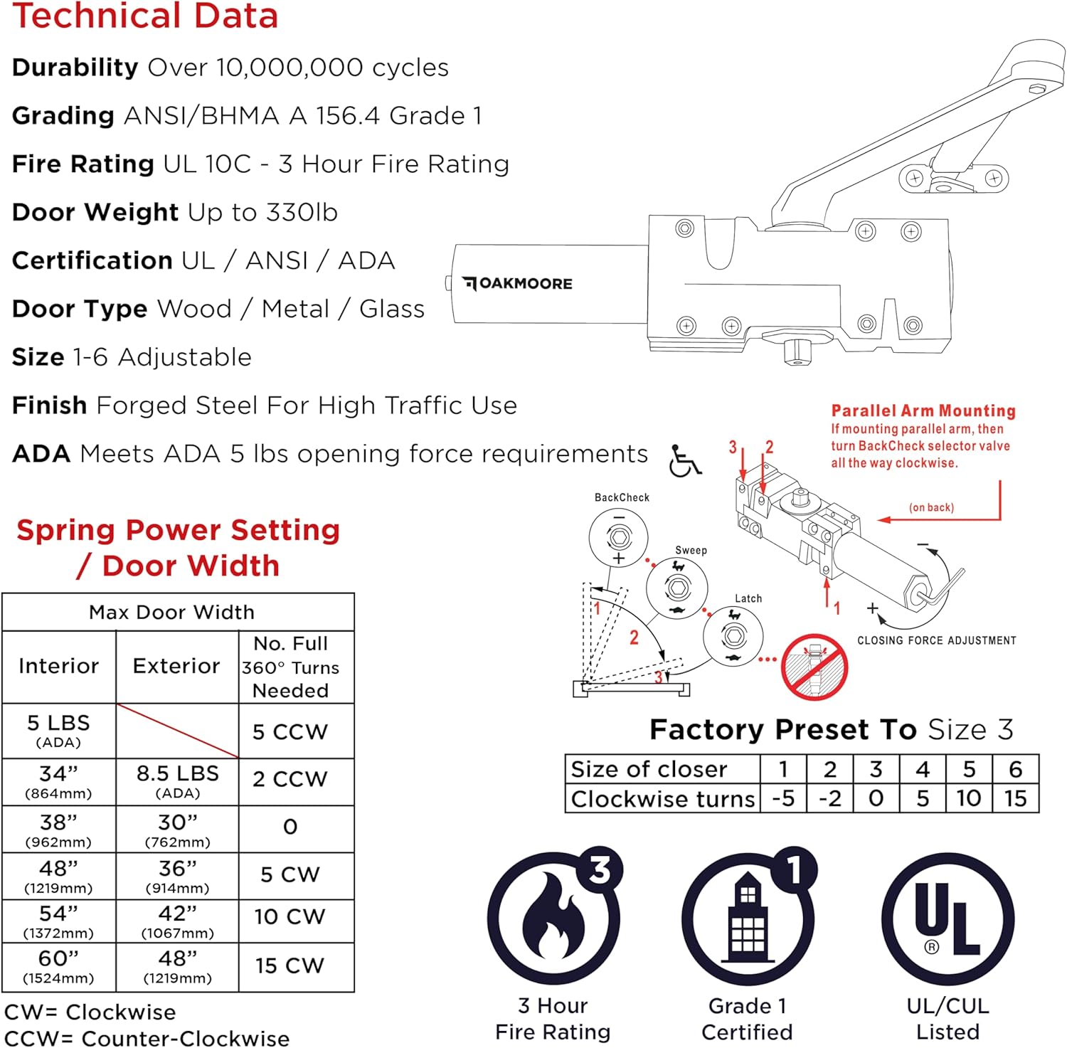 Ultra Heavy Duty Commercial Door Closer, Automatic Self Closing Door Hinges, ADA UL Grade 1-6 Listed, Door Closers Commercial High Traffic, Auto Door Closer, Hydraulic Spring Soft Close (Silver)