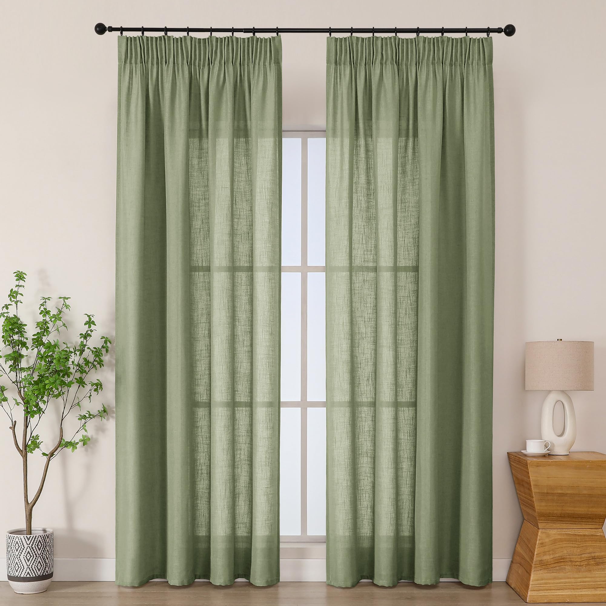 Simplebrand Sage Green Linen Blend Pencil Pleat Curtains, Light Filtering Semi-Sheer Textured Window Drapes for Privacy, 2 Panels for Living Room, Bedroom & Patio Door, W140 x L229 cm