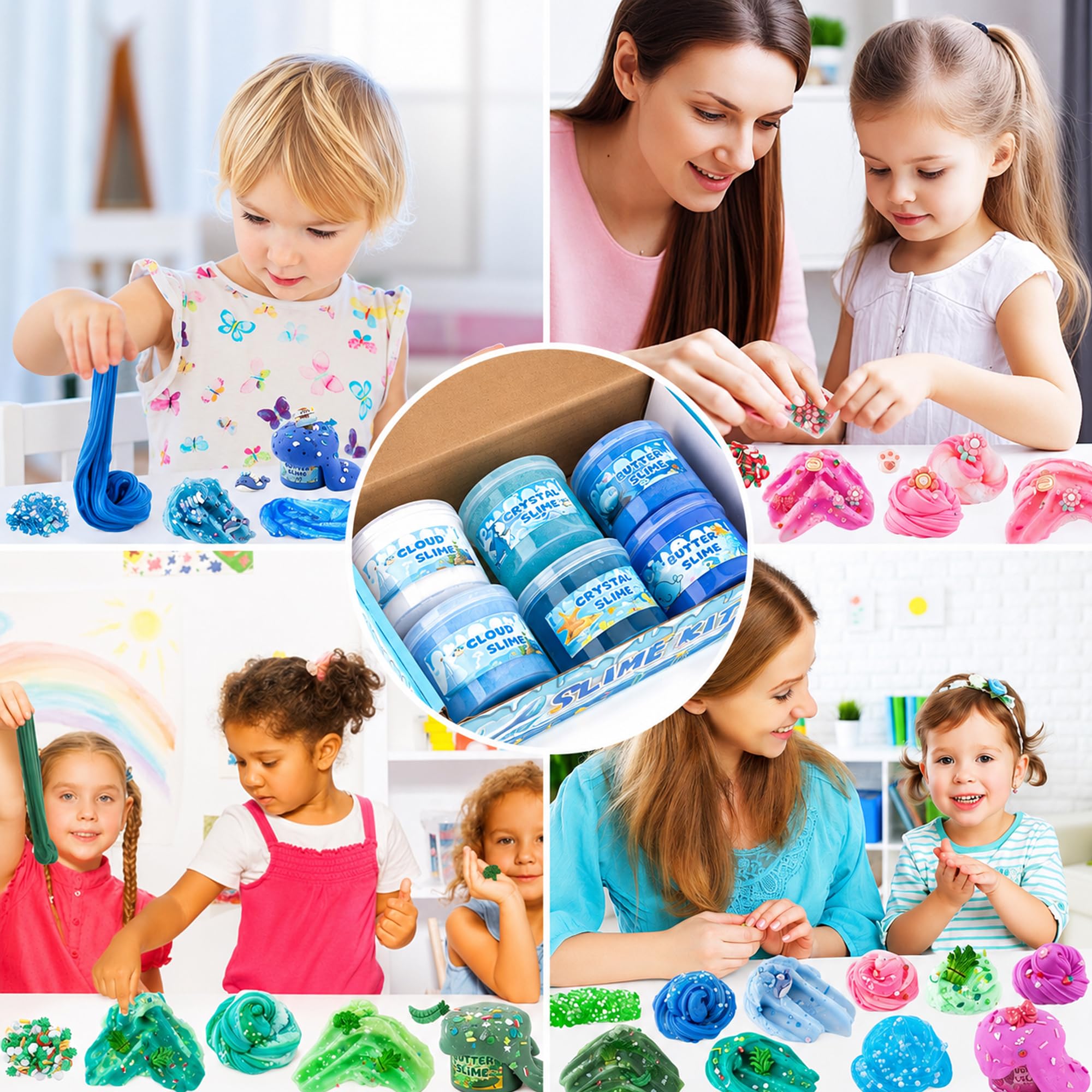 LAWOHO Zestaw Gradient Blue Slime – chmura, masło i przezroczysty szlam, szlam dla dzieci z różnymi zawieszkami i dodatkami, nieprzylepne upominki na imprezę dla dziewcząt i chłopców, 360 ml zestaw