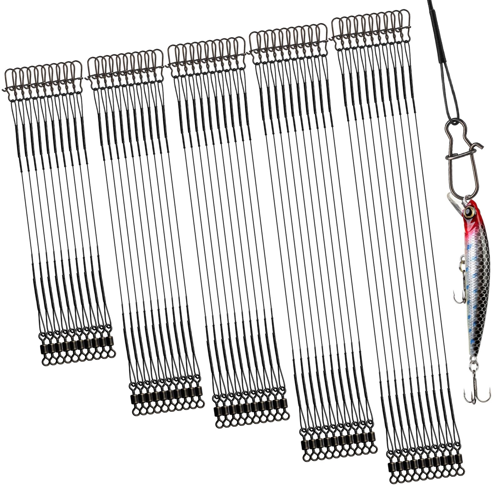 DONQL 50pcs Stainless Steel Wire Traces Pike Fishing, 5 Size 10/15/20/25/30 cm Anti-Bite Fishing Wire Trace Leaders with Rolling Swivels and Snaps for Bait Rigs Saltwater Freshwater (Black)