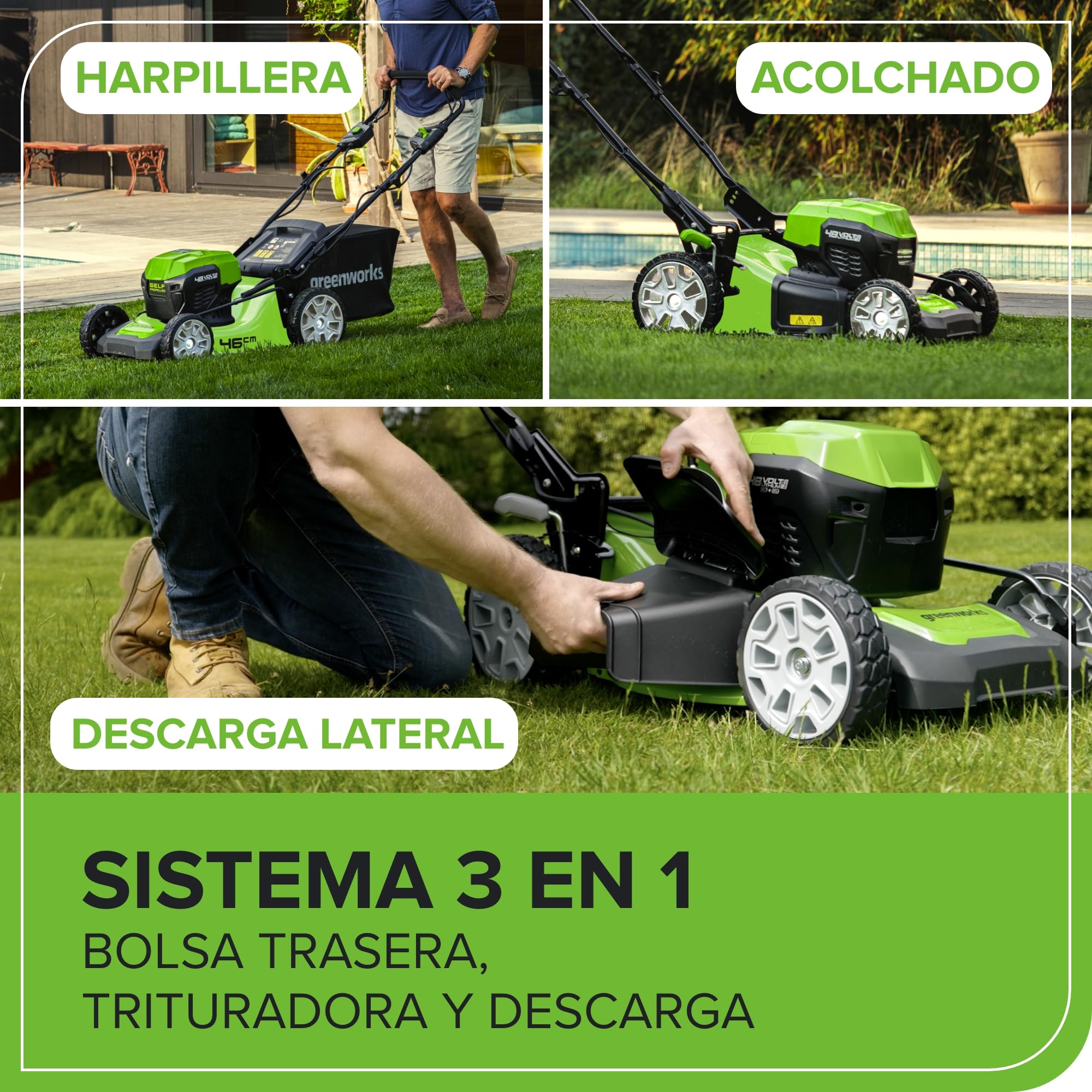 Greenworks 48V (24V x 2) Cortacésped de Batería Autopropulsada para Céspedes Grandes Hasta 480 m², Ancho de Corte 46 cm, Bolsa de 55L MÁS Dos Baterías 24V de 4Ah y Cargador Doble,GD24X2LM46SPK4X