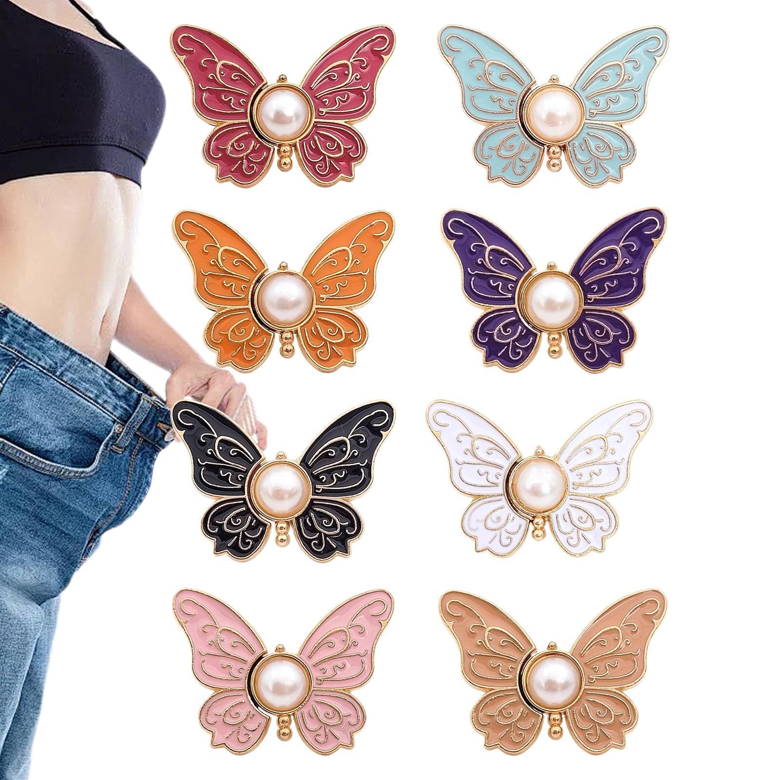 8 Pieces Butterfly Waist Buckle, Butterfly Pants Clips for Waist, Metal Jeans Button Pin, Adjustable Waist Buckle Extender, Detachable Button Pant Waist Tightener Clips, No Sewing Accessories