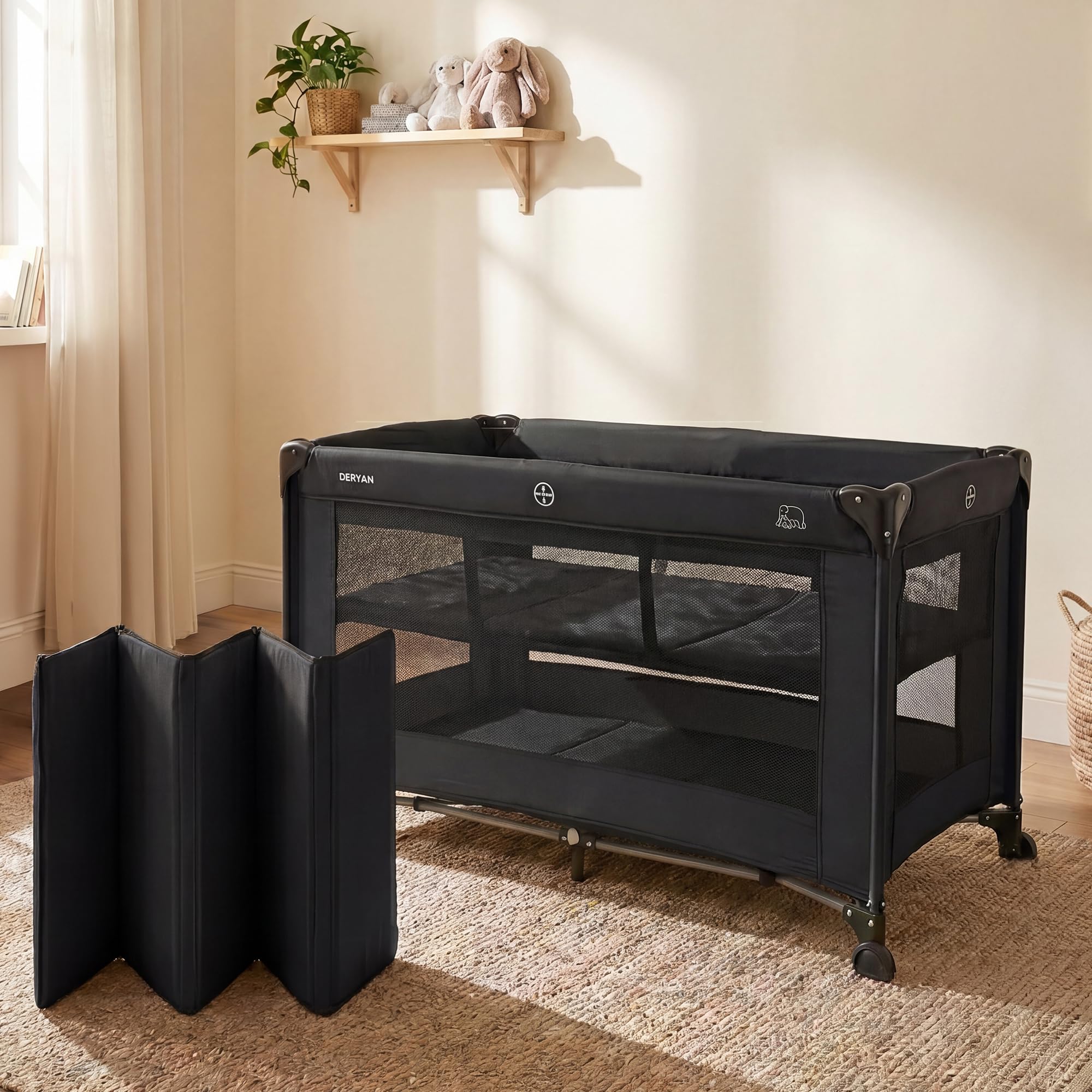 Lit Parapluie 2 en 1 Deryan pour Bébé 120x60 cm Noir avec Étagères et Sac de Transport