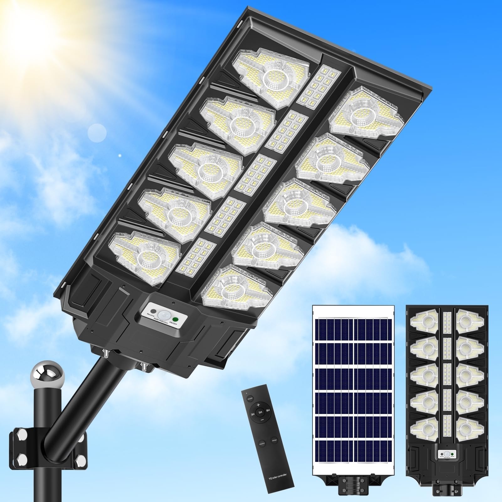 papasbox 2000W LED Solar Straßenlaterne mit Fernbedienung | Straßenlampe 6500K Solarbetriebene mit Bewegungsmelder Sensor | Außen Wegeleuchte im Freien Straßenleuchte