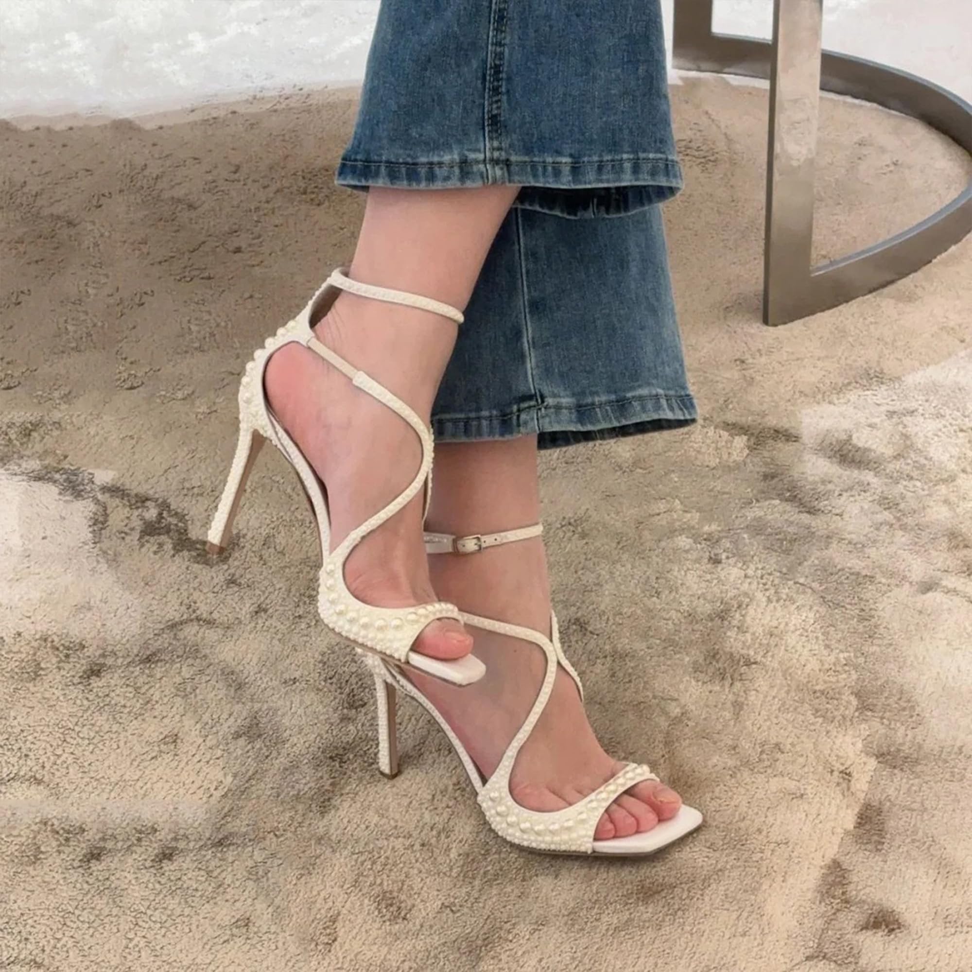 Braut Heels Sandalen, Weiß Offene Zehe Frauen Hochzeit High Heels Mit Perlenriemen Für Party, Täglich, Bankett