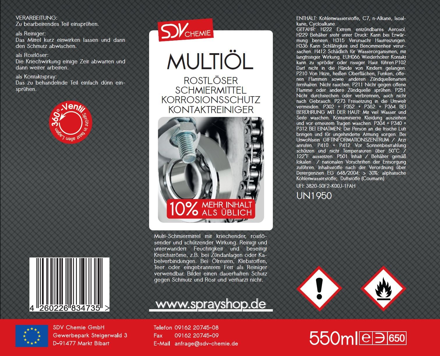 SDV Chemie Multiölspray 12x 500ml Multifunktionsspray | Rostlöser, Vielzweckspray, Schmieröl Spray, 500ml +10% Inhalt