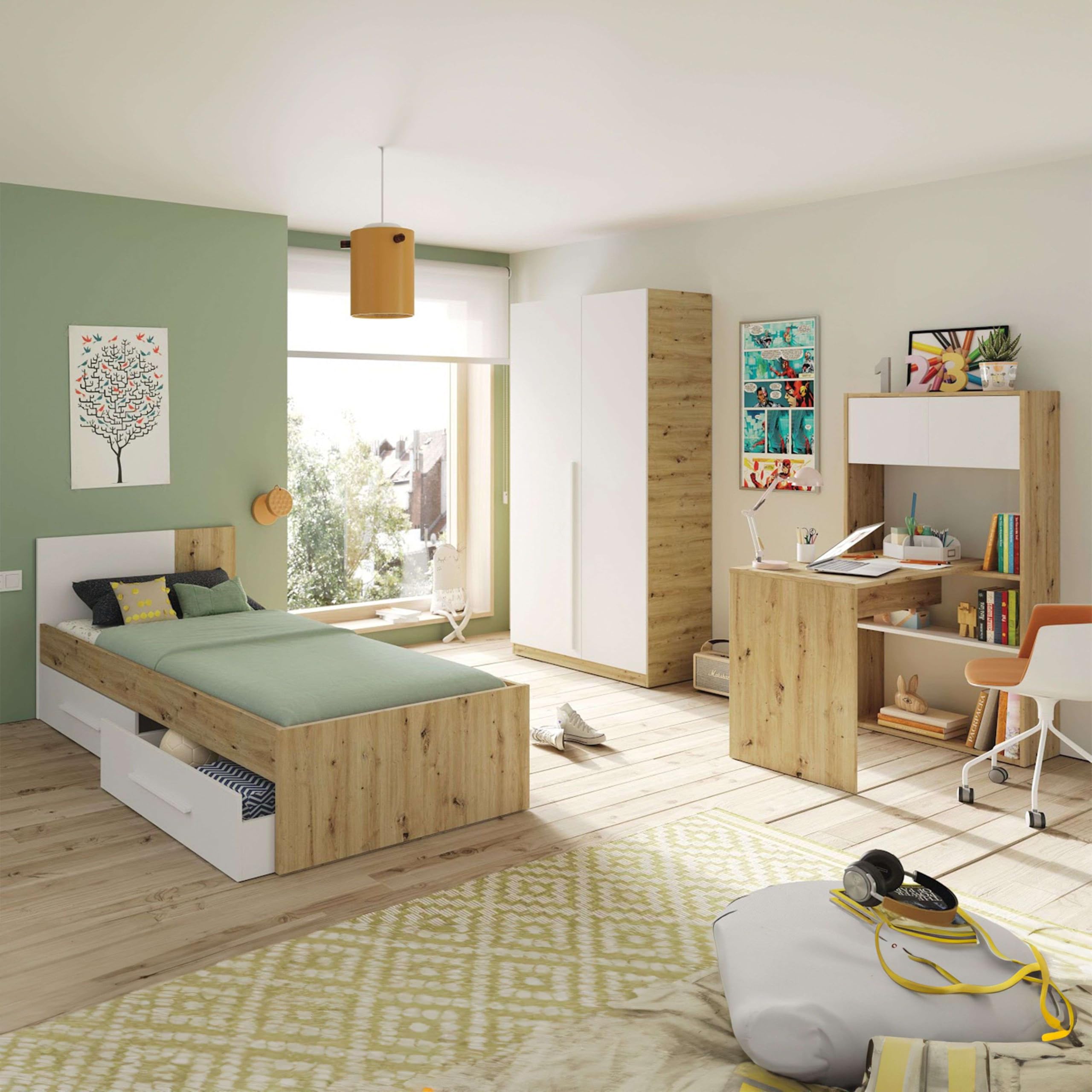 Miroytengo Conjunto de Muebles Dormitorio Juvenil Moderno Melamina Color Roble Nodi y Blanco Artik