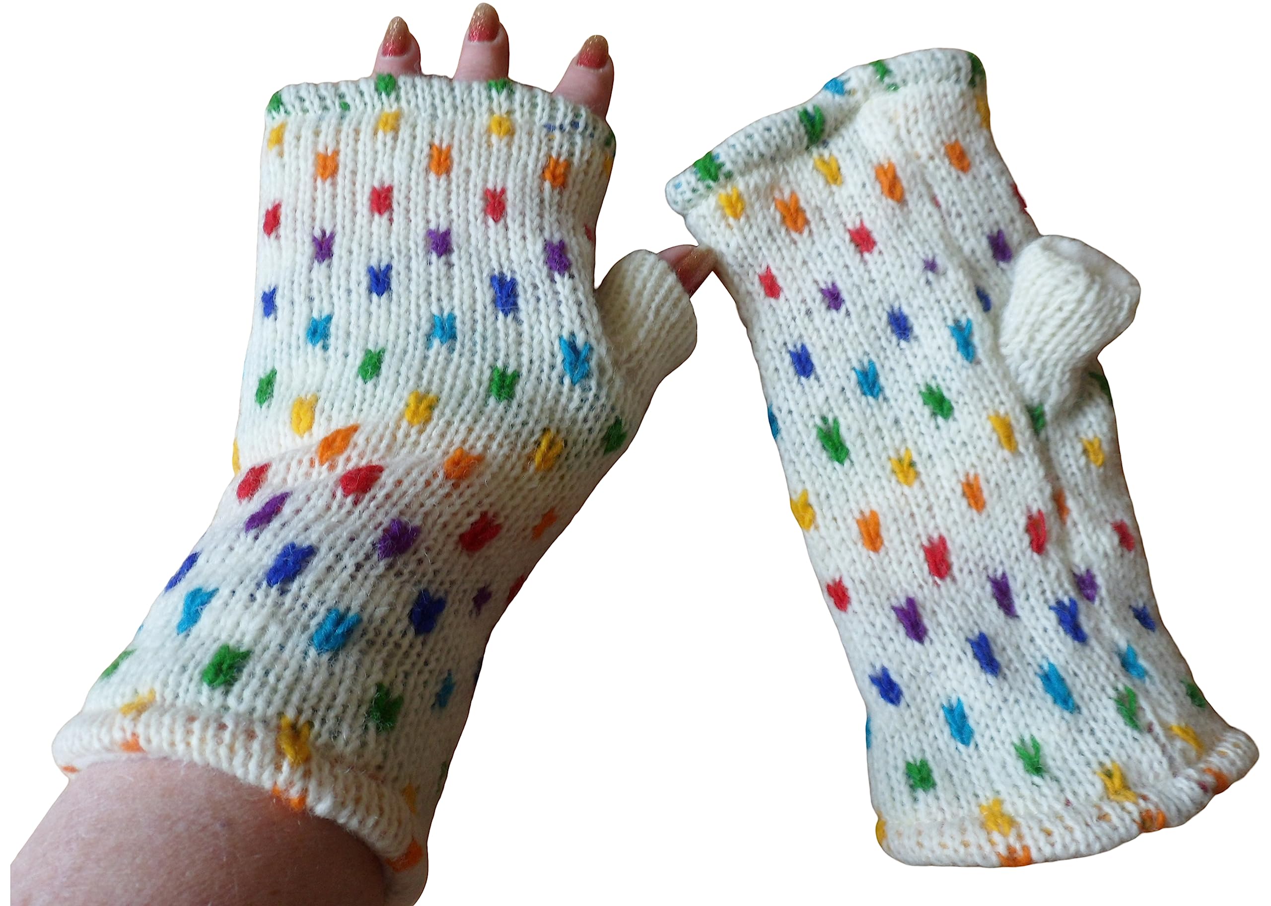 Natural Flow Unisex White/Rainbow Rainbow/ Fleece Lined Wool Hippy Boho Tube Fingerless Gloves Wrist Warmers