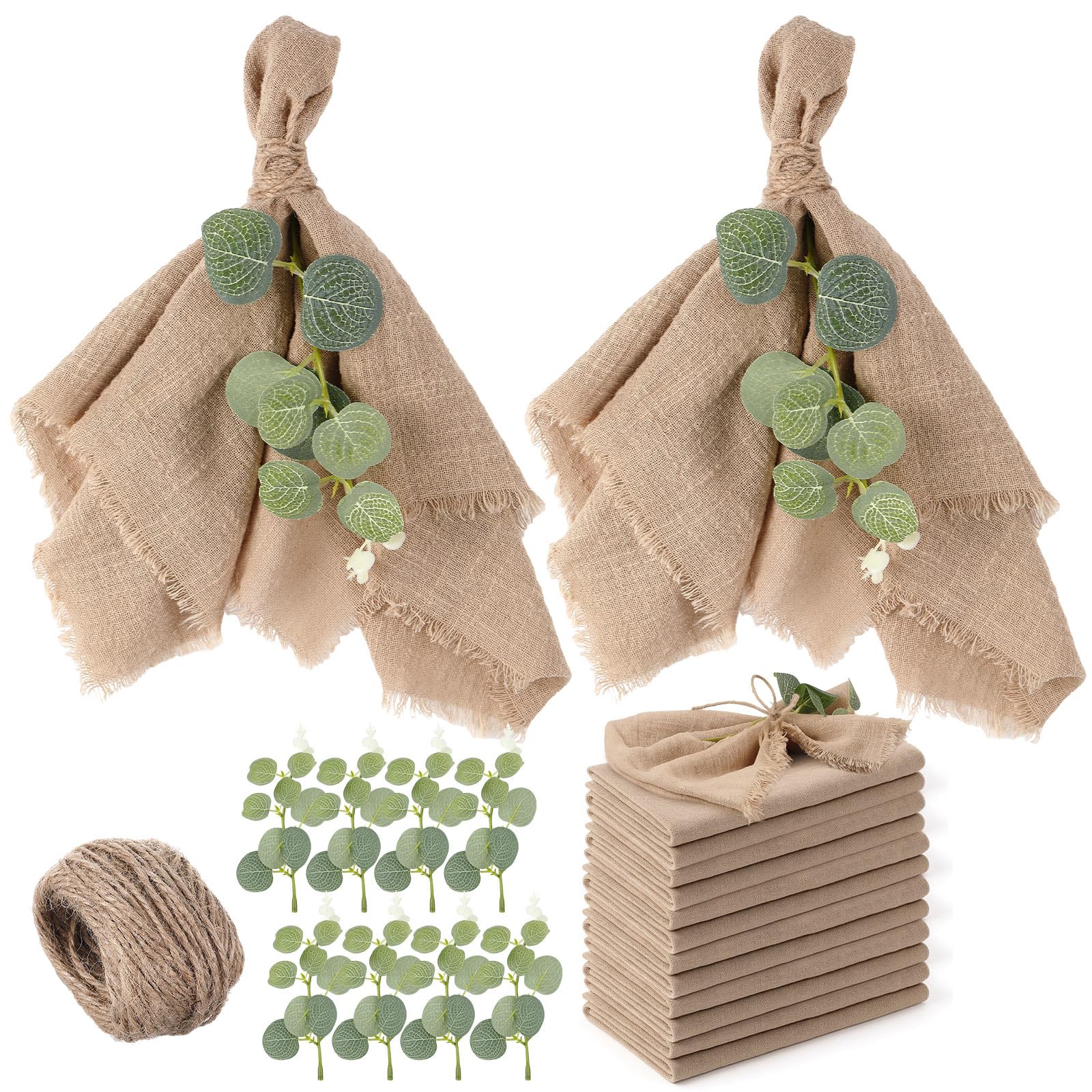 Photo 1 of 12 Set Boho Rustic Linen Napkins Bulk with Fringe 17 x 17 Inch, Brown