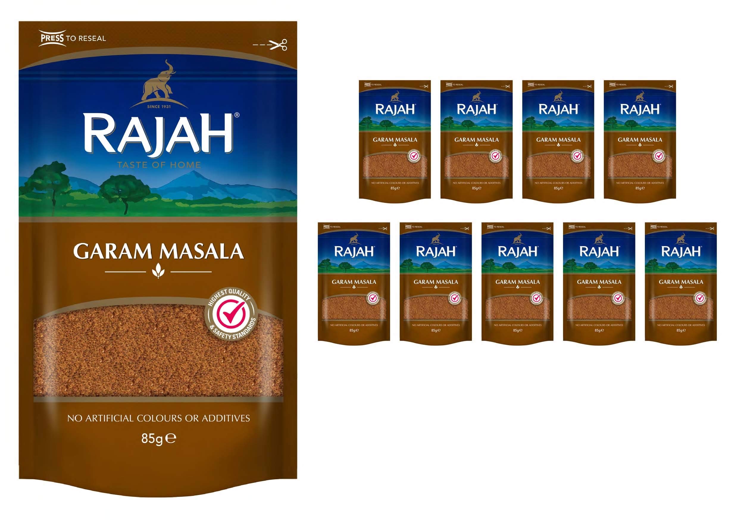 Rajah Spices Garam Masala | gemahlene Gewürzmischung | gemischte gemahlene Gewürze | (85 g (10 Stück))