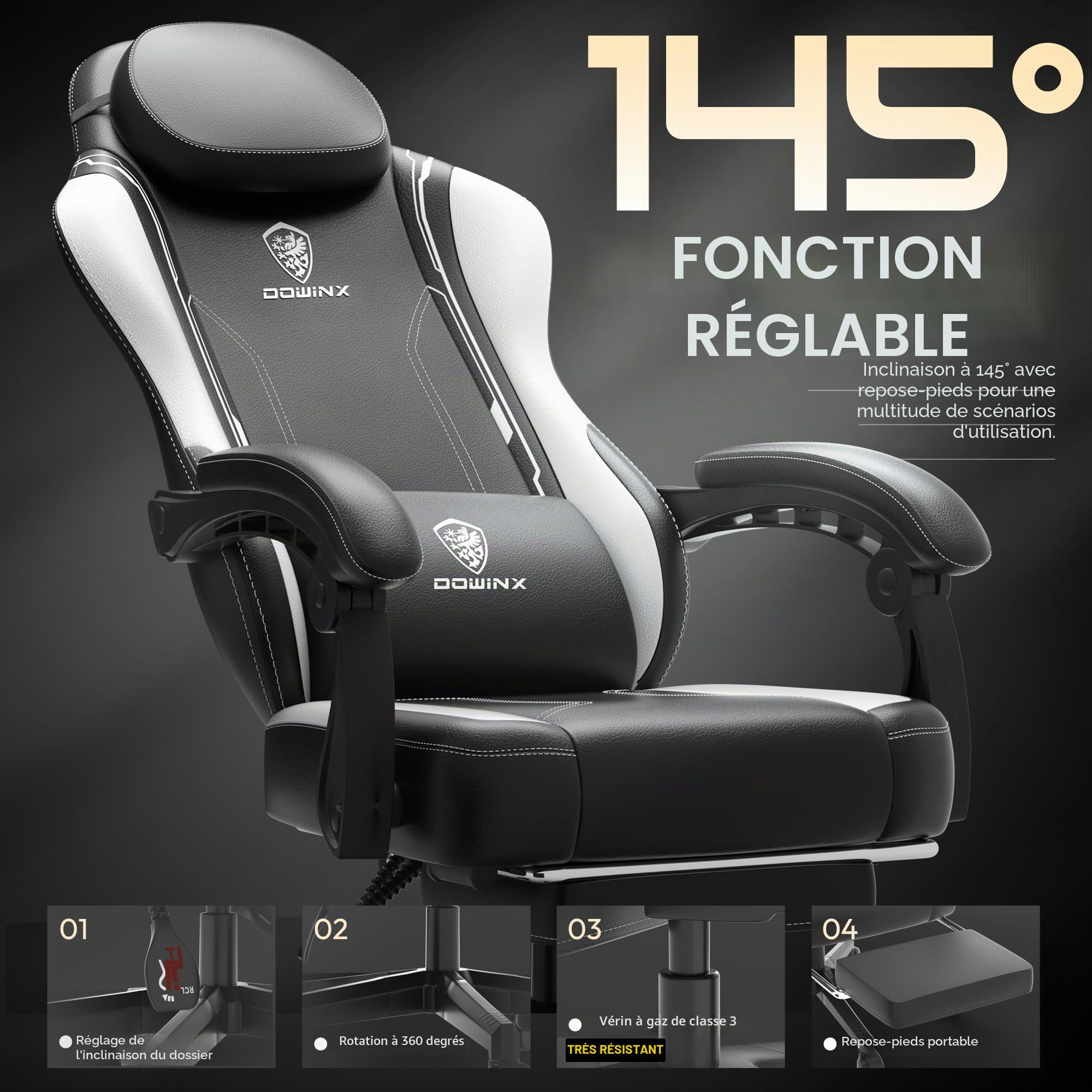 Dowinx Chaise de gamer, ergonomique, avec soutien lombaire, en cuir synthétique et polycarbonate, dossier élargi, charge maximale de 150 kg, blanche