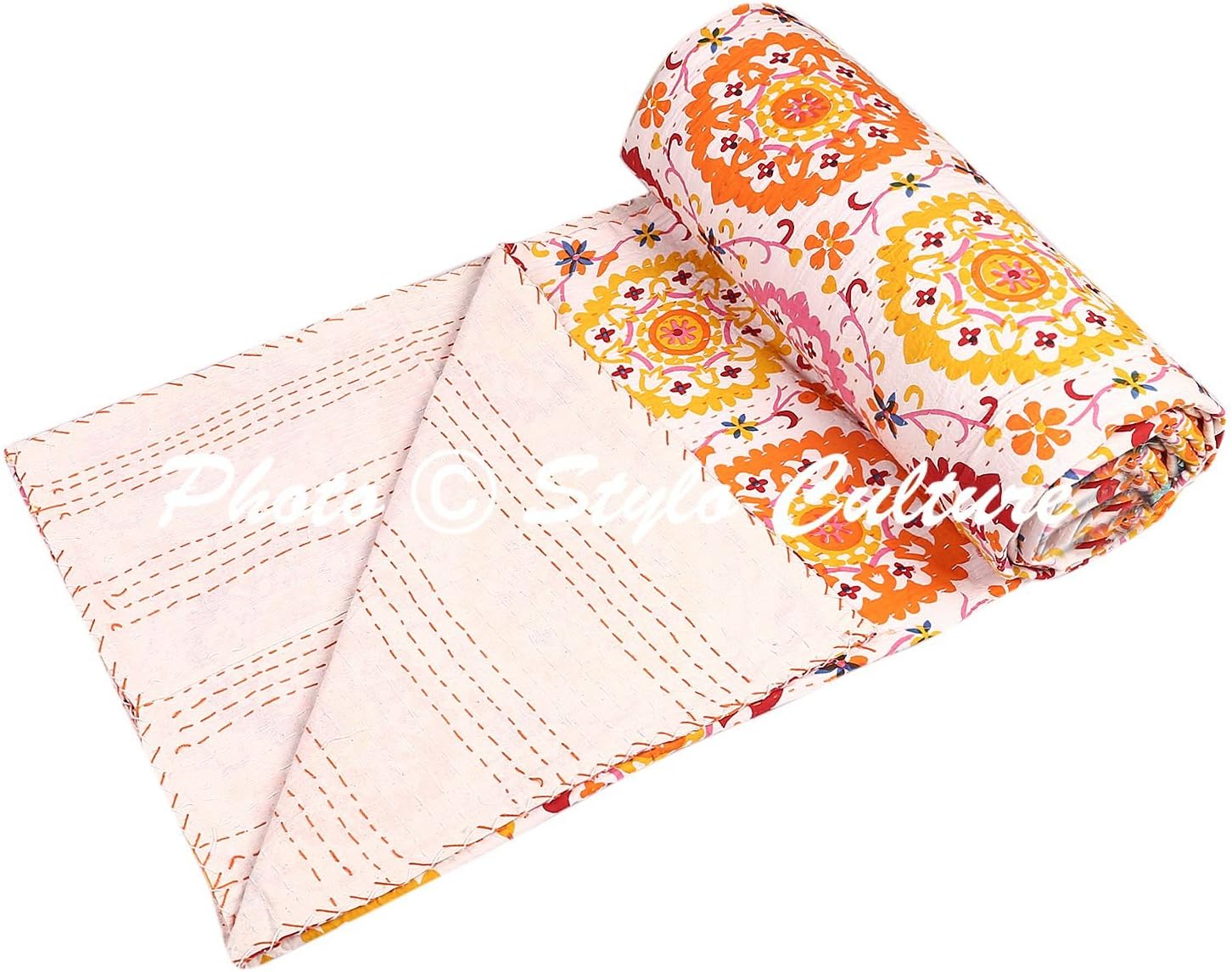 Kantha Quilt Twin Size Indian Kantha Blanket Throw Orange Cotton Floral Hand Stitched Bedding Bed Cover