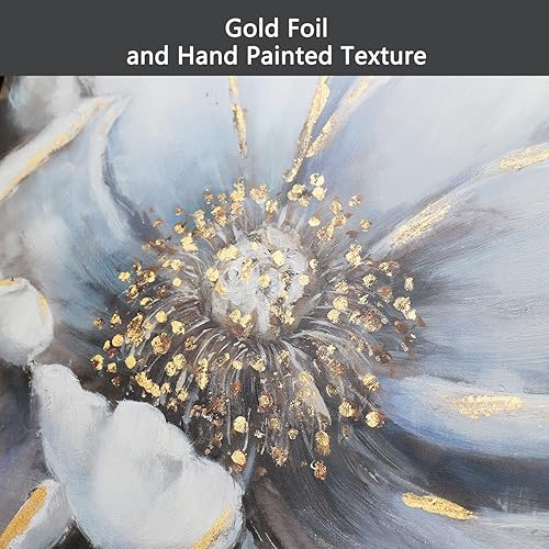 Miniatura 2 de Wallpaint - Arte de pared de flores en blanco y negro con textura y lámina dorada, elegante lienzo floral floreciente para decoración de pared de