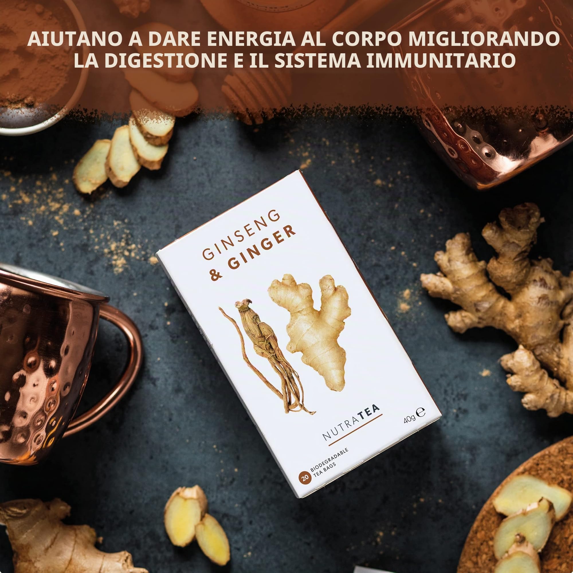 NUTRATEA Tisana Zenzero e Ginseng - Con 2 Grammi di Ingredienti attivi in ogni bustina - Gluten Free, 20 Bustine Riutilizzabili