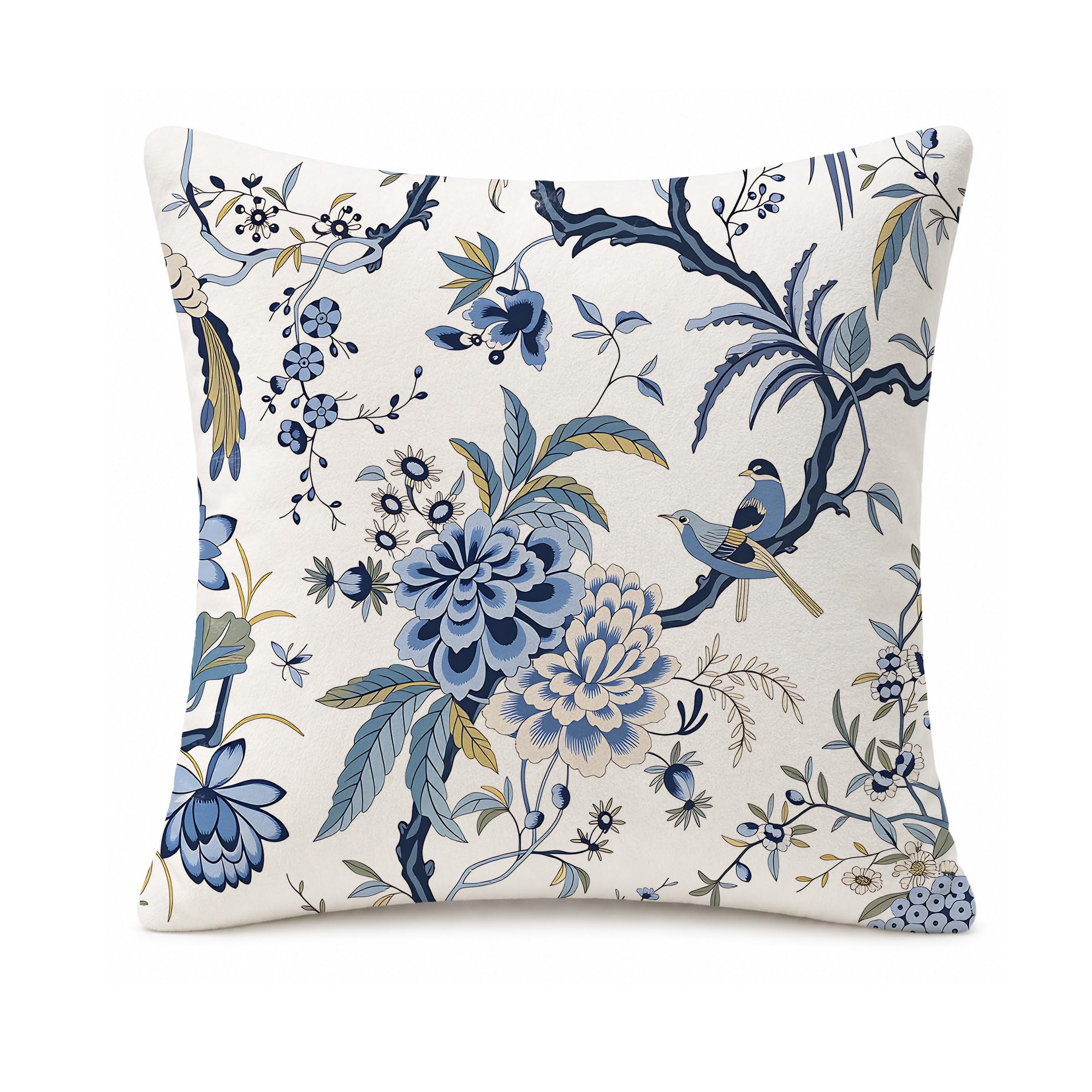 LASLEN Blue Floral Birds Cushion Covers,45 x 45 cm Decorative Pillowcase,Soft & Comfortable with Hidden Zipper