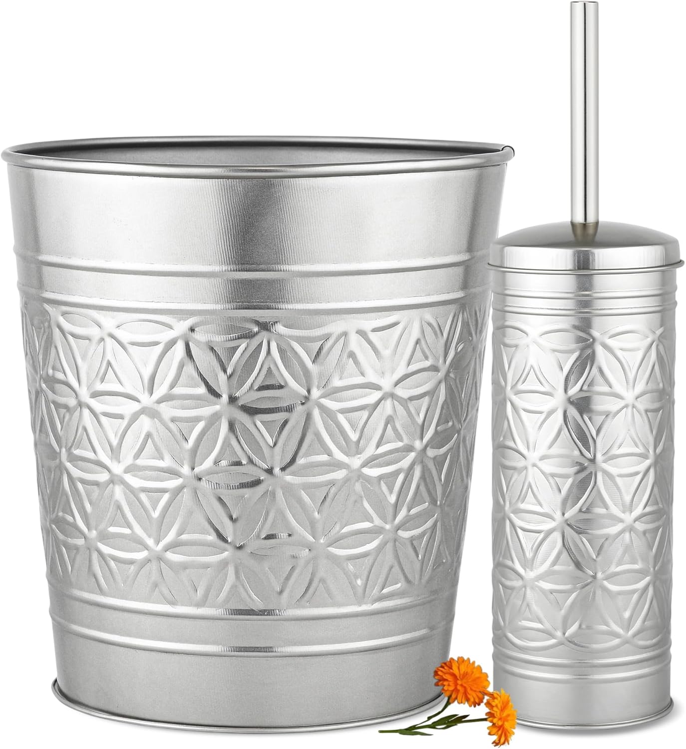 Autumn Alley Brushed Nickel Bathroom Trash Can and Toilet Brush Set – 2-Piece Silver Metal Bathroom Accessories Set, Modern Farmhouse & Transitional Bathroom Decor