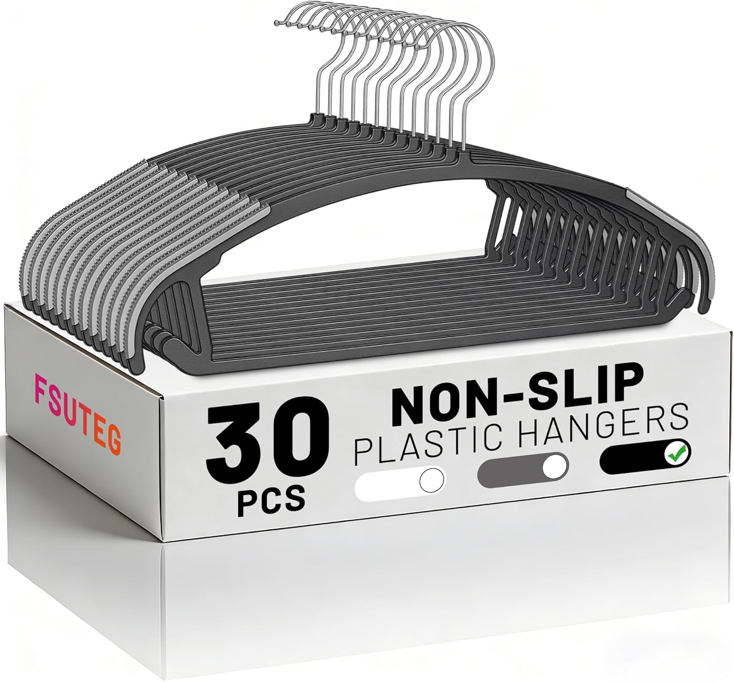 Arc Design No Shoulder Bump Plastic Hangers 30 Pack,Ultra Thin Non-Slip Hangers for Clothes,Heavy Duty Coats Hangers,360°Swivel Silver Hook,Space Saving Closet Organizer-(Black)