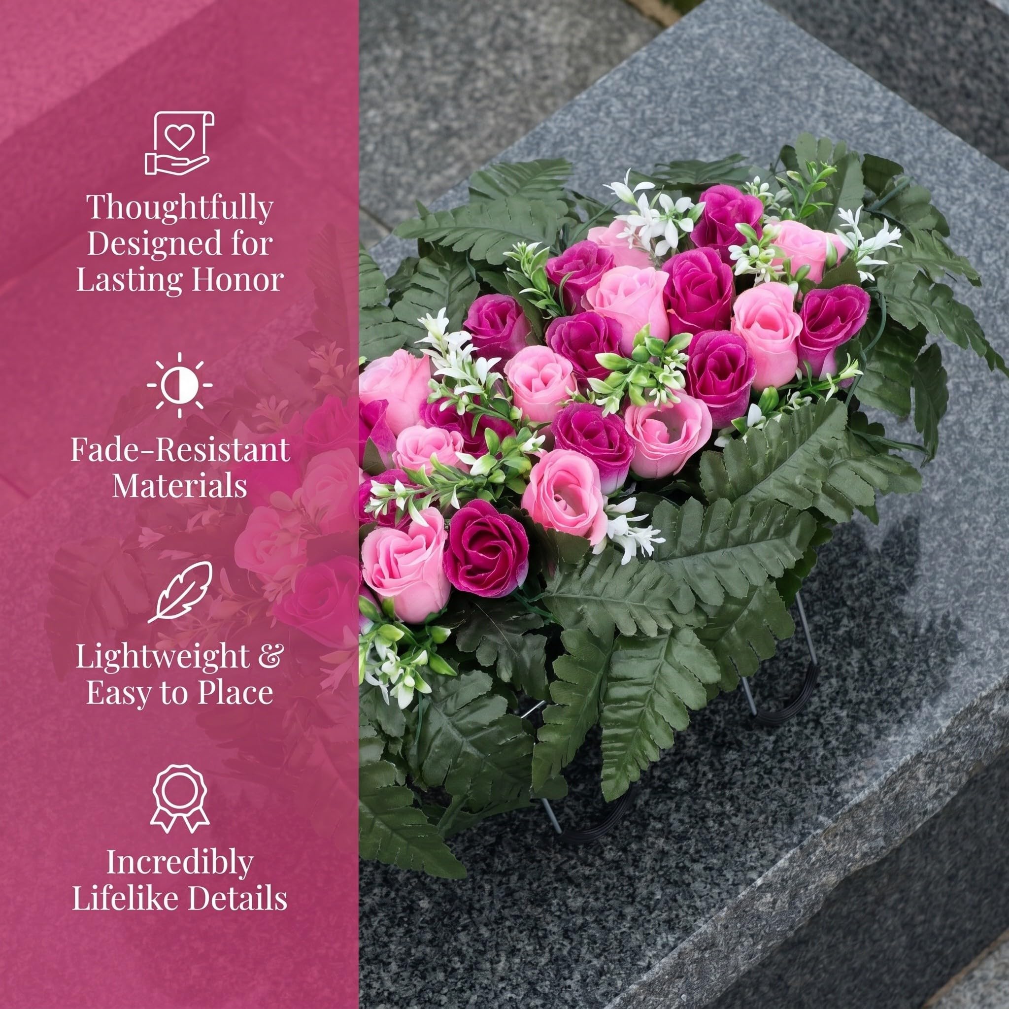 Operitacx Fleurs artificielles pour cimetière, Bouquets de Roses en Soie artificielles pour la décoration de tombes extérieures, résistantes aux intempéries et aux Couleurs éclatantes.