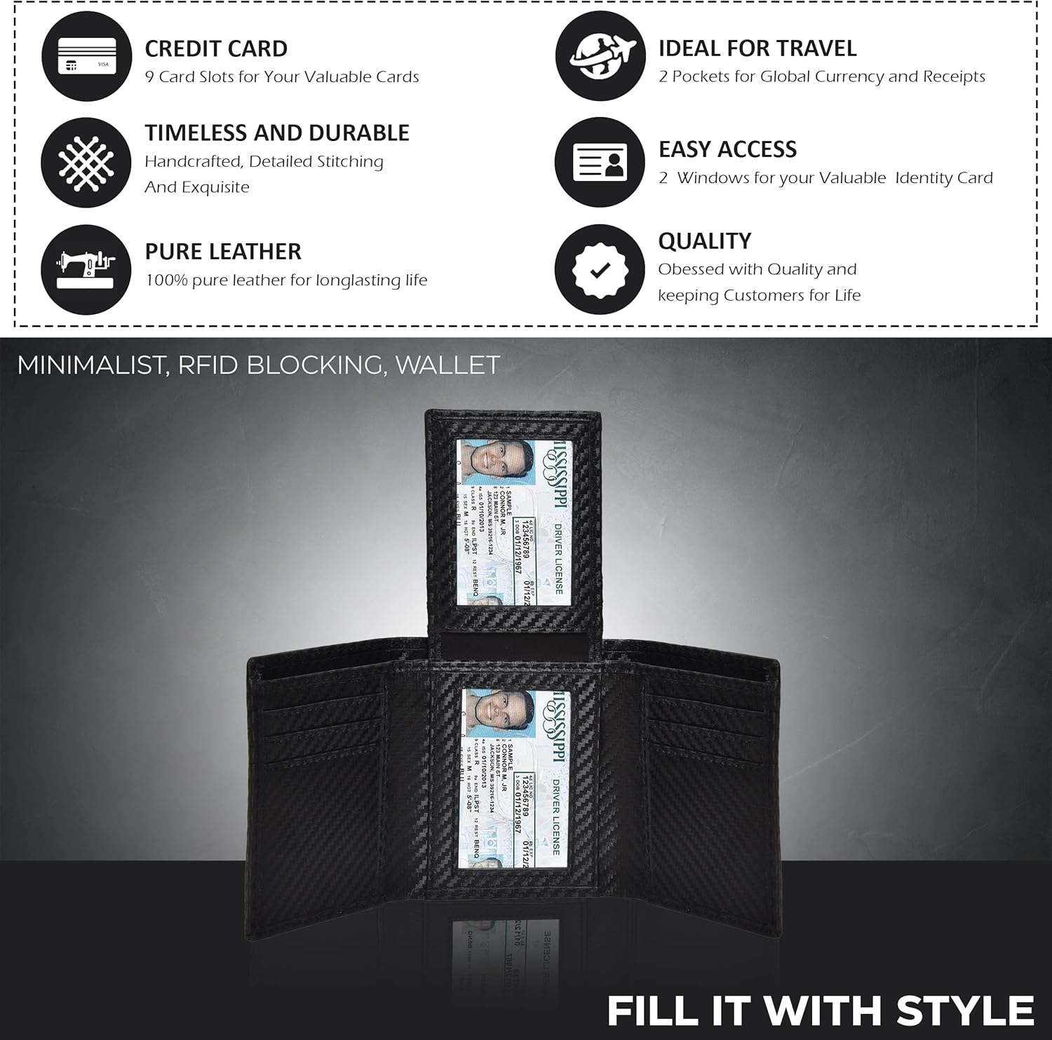 Minimalist Tri Fold Wallets For Men | Black Leather | Multiple Credit Card Slots | RFID Blocking | Stylish Design - Image 5