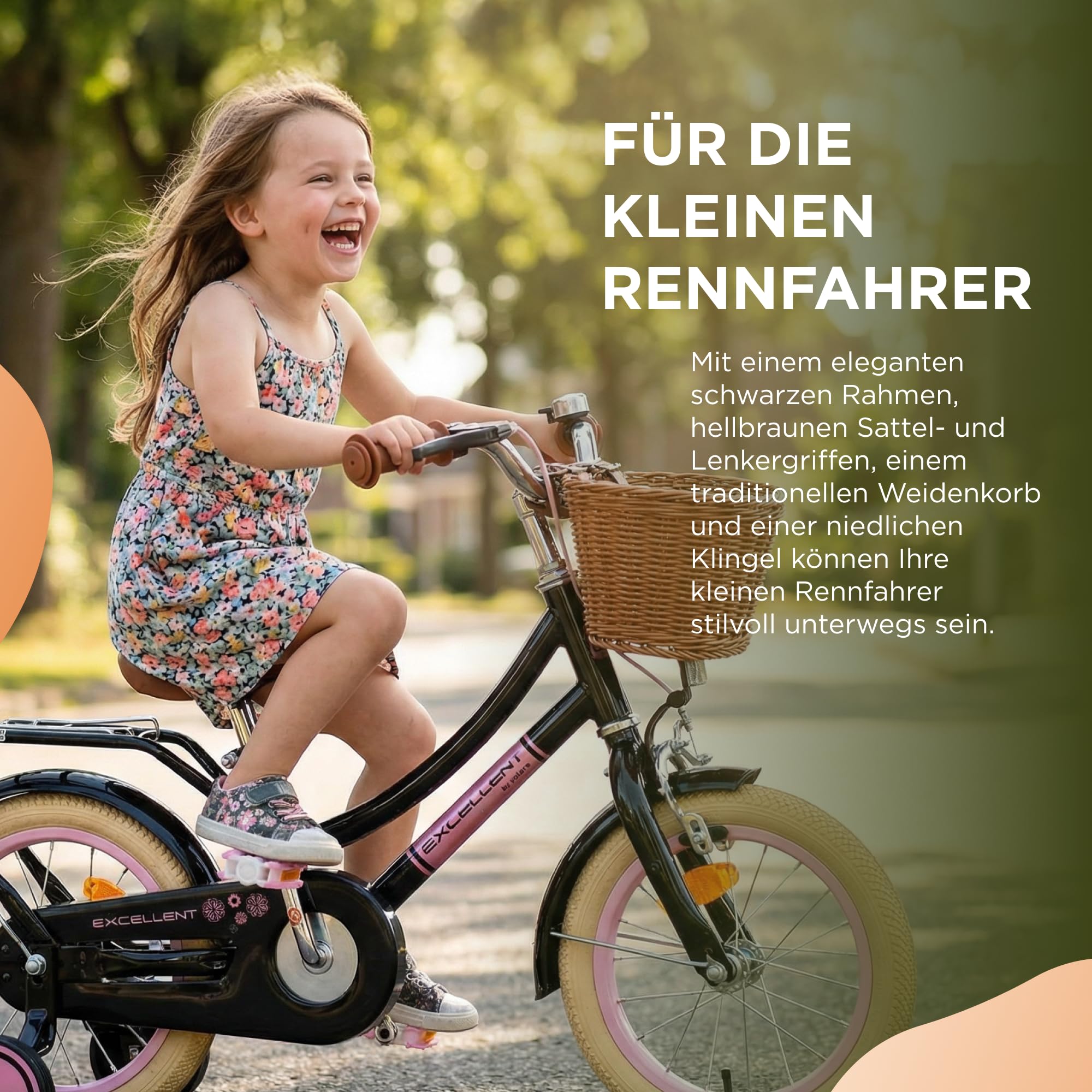 Volare Excellent Fahrrad | 3–5 Jahre | Hand- & Rücktrittbremse, Stützräder, Kettenschutz, Reflektoren & Korb | Höhenverstellbarer Sattel | Geschenk für Mädchen