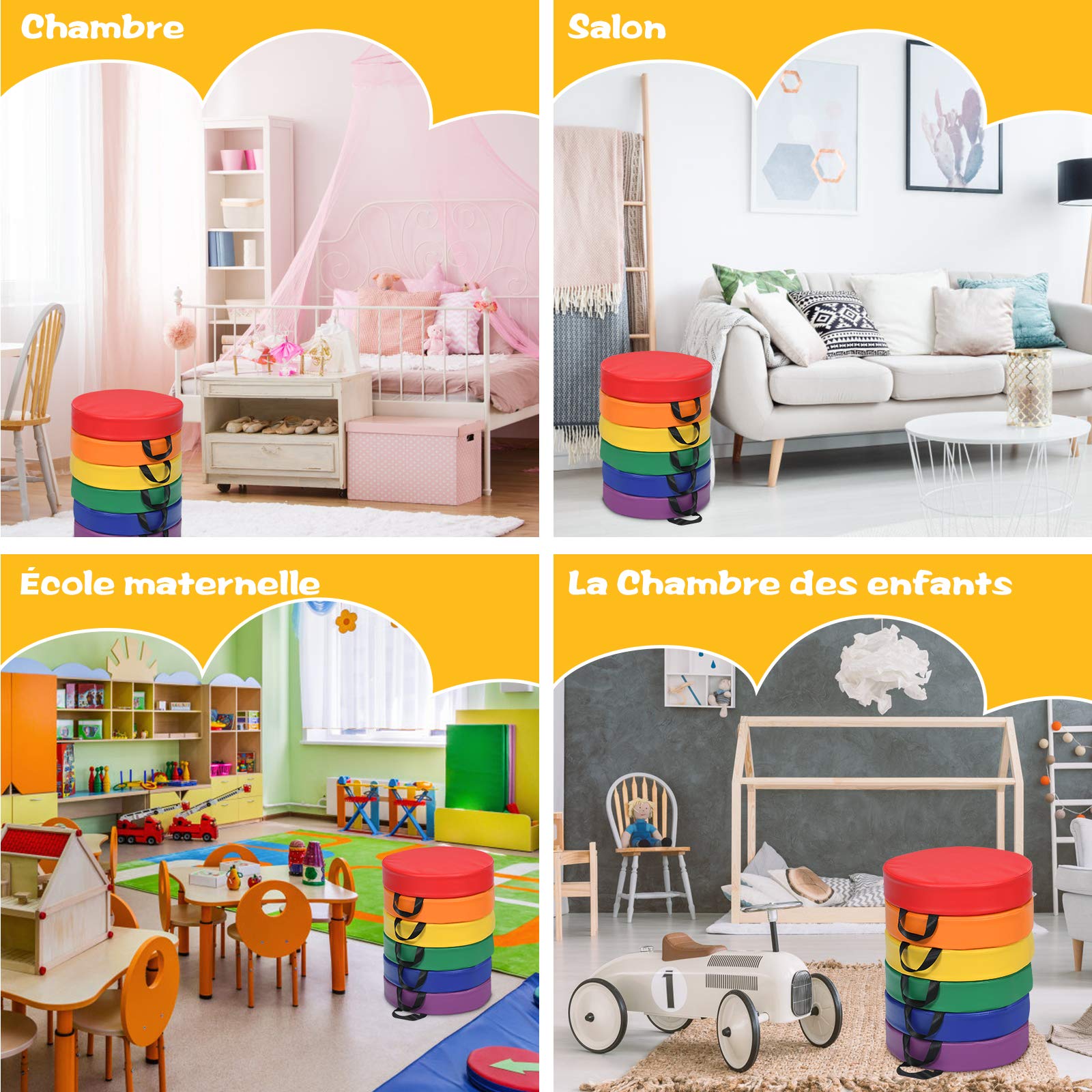 COSTWAY Lot de 6 Coussins de Chaise Enfant avec Poignées Portable, Coussins d'assise Rond 38 x 38CM Multicolores avec Fermeture Éclair & Surface en PU, Coussins de Siège Imperméable