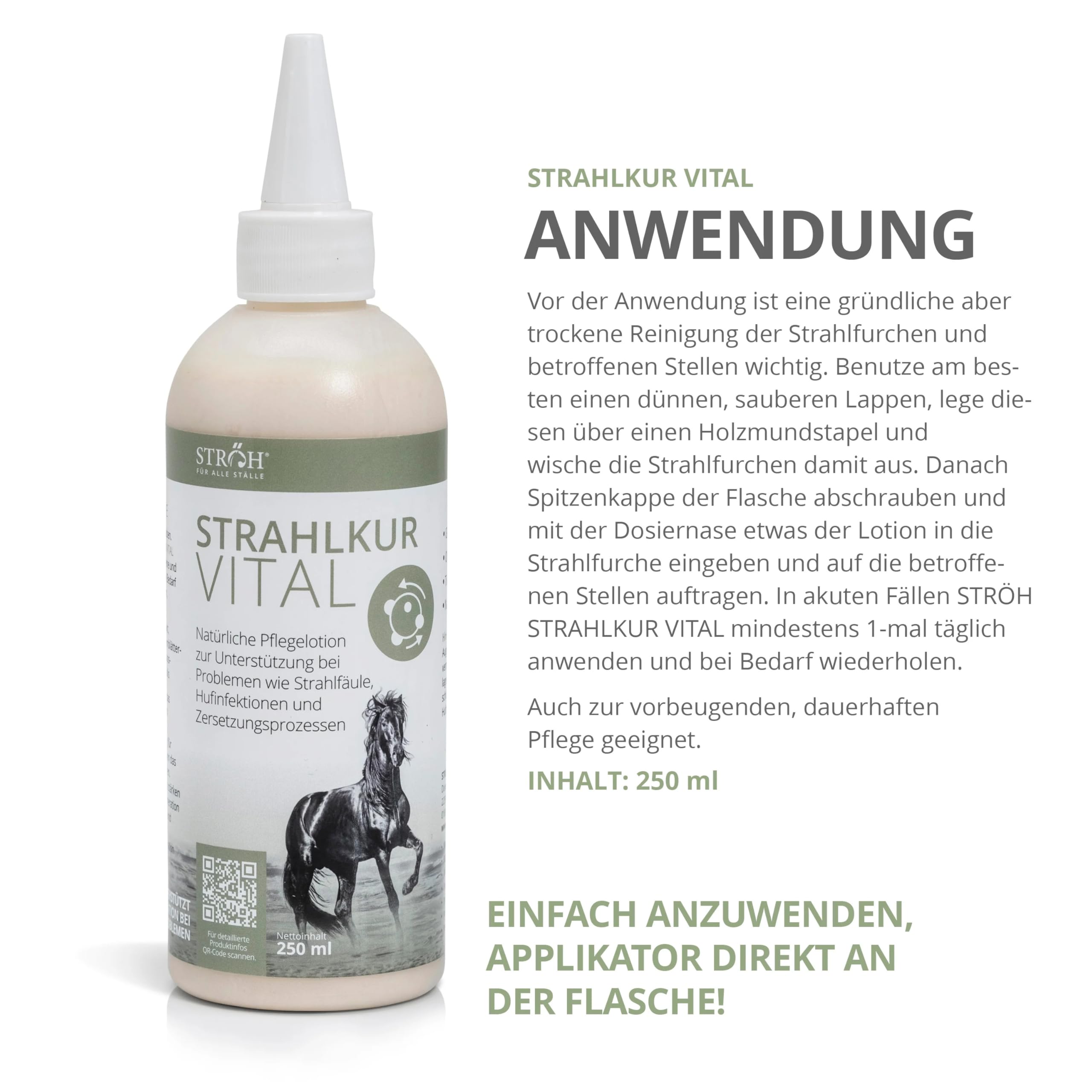 STRÖH Strahlkur Vital Pferd (250ml) • Pflegelotion für Pferde bei Strahlfäule, Hufpilz & Hufinfektion • Natürliche Hufpflege für Pferde mit Zink, Blutwurz, Propolis & mehr