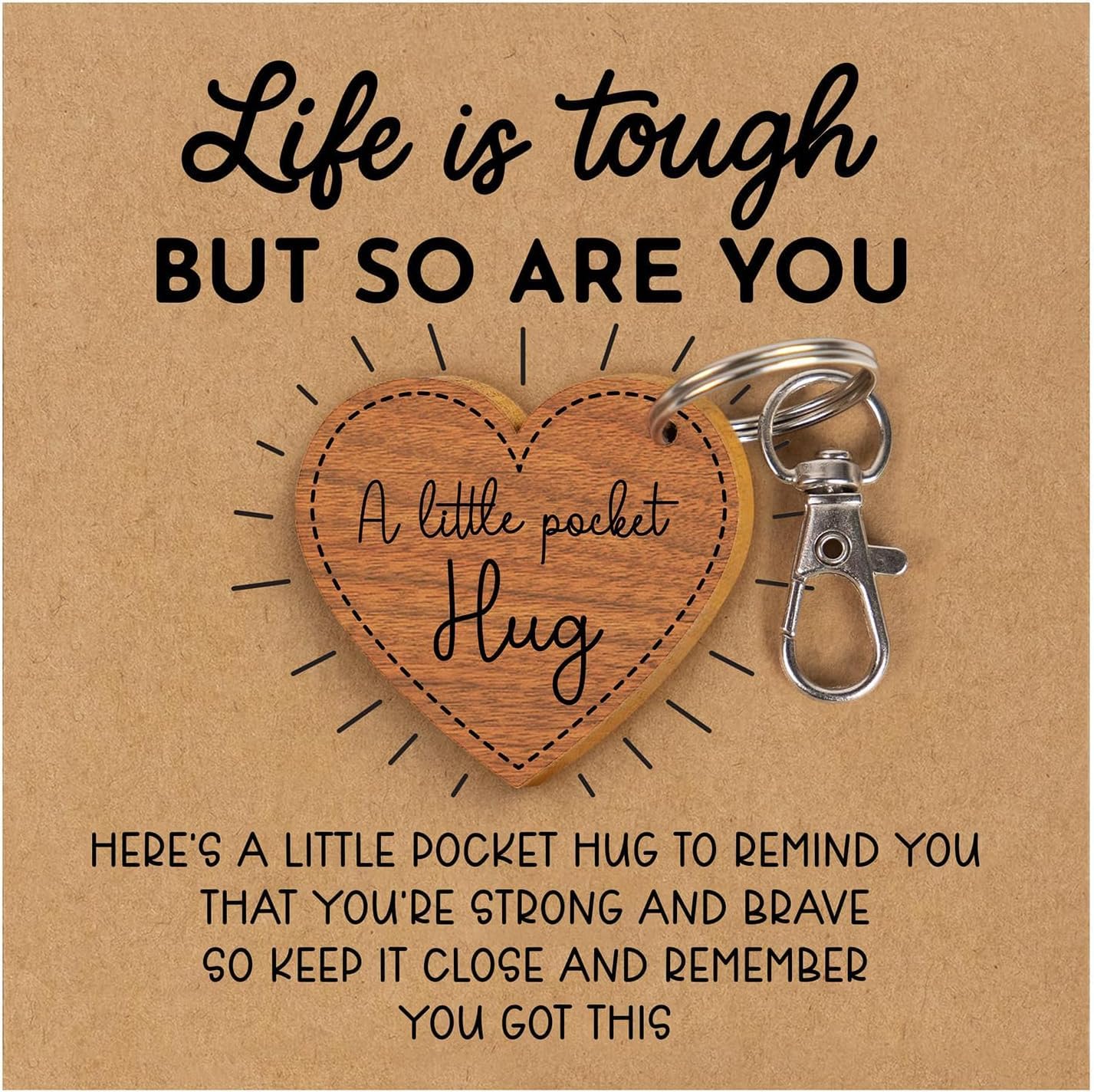 Minwegi Unisex Wood Color Pocket Hug Keychain - Wooden Heart Shape 3.2X3.2cm With Inspirational Card, Emotional Support Gift For Friends, Family, Long Distance Relationships (Natural Wood)