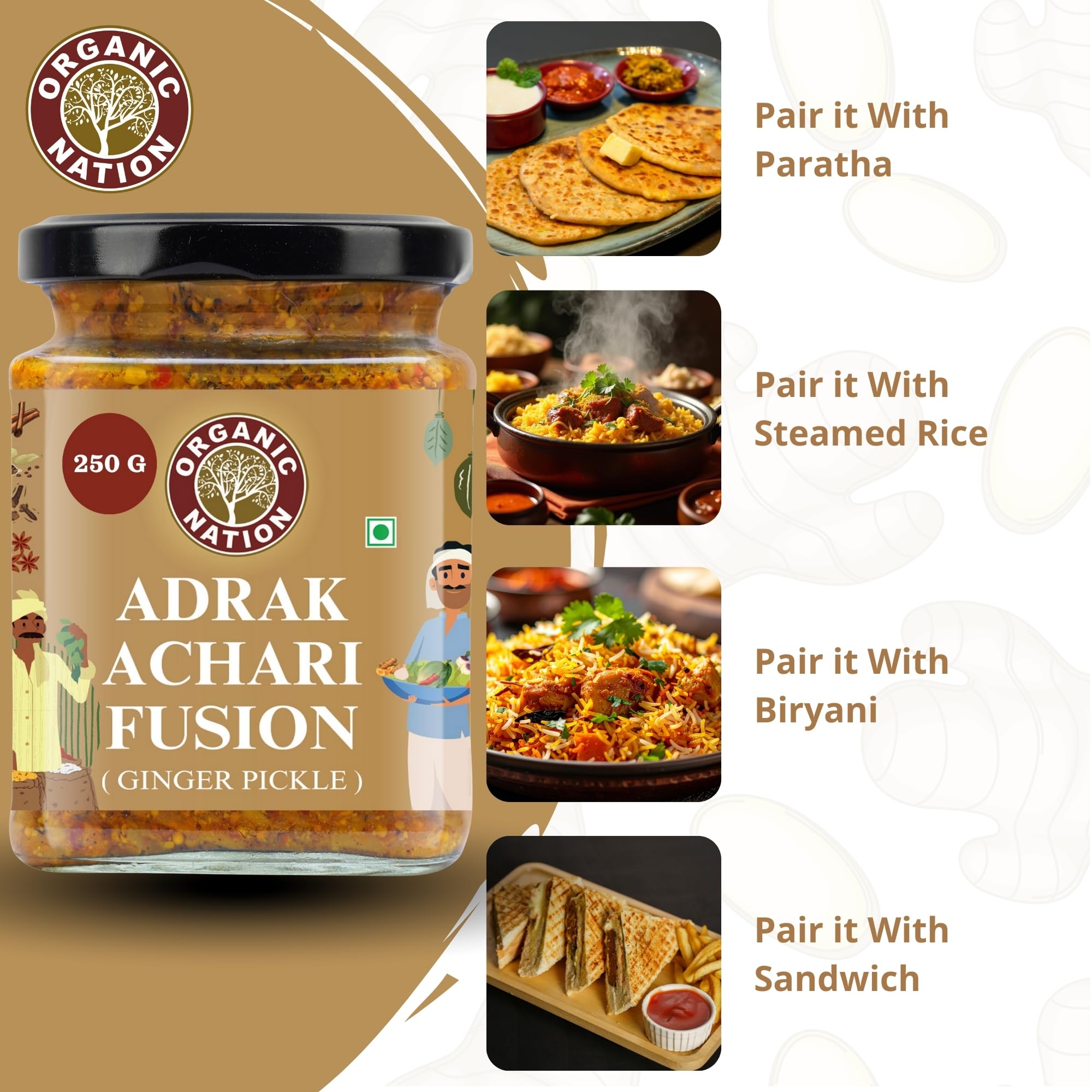 ORGANIC NATION Zesty Adrak Achari Fusion Ginger Pickle - Homestyle Indian Pickle with Authentic Flavor, Perfectly Mixed for a Tangy Delight, 250g, No Preservatives Natural Golden Hue 1
