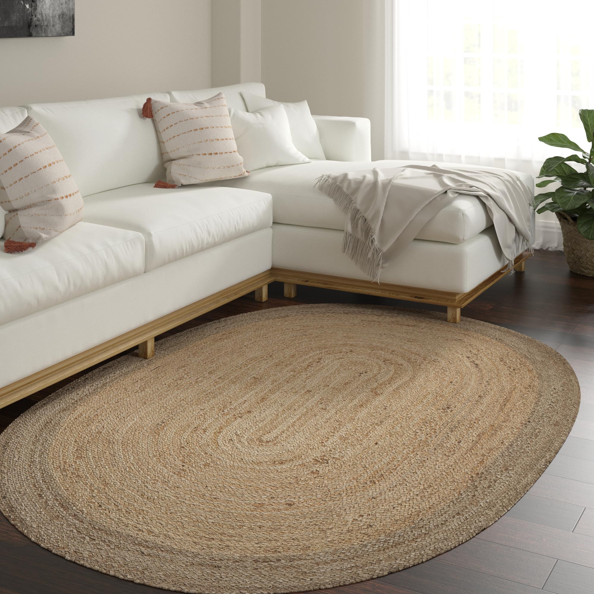 LR Home Natural Jute 5x7 Oval Area Rug for Home Décor | Braided Rugs for Living Room, Bedroom, Playroom | Bohemian Farmhouse Indoor Rug for Room Décor | Brown/Beige