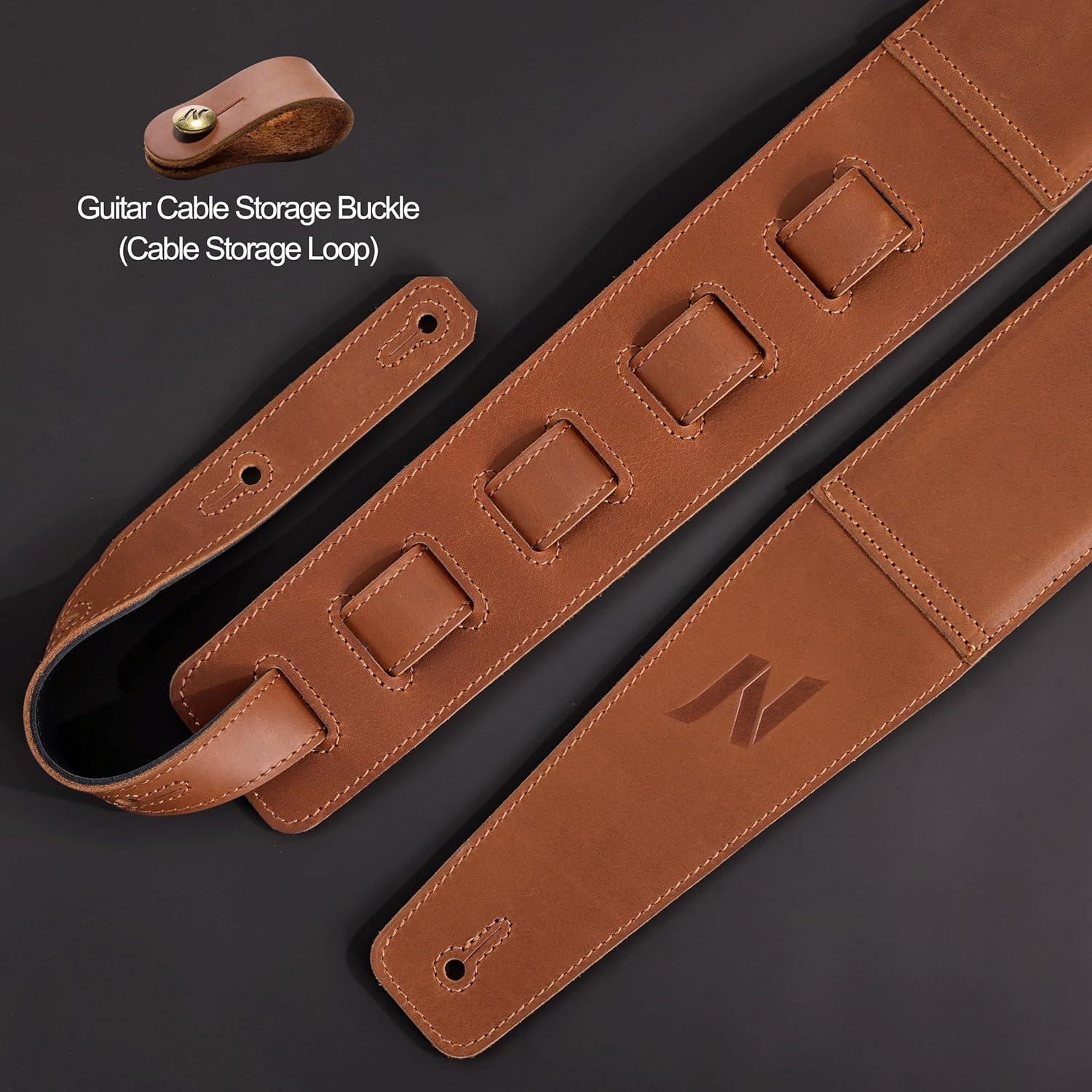 Nefelibata 3" Guitar Strap in First Layer Leather with Foam Padding and Cable Storage Loops for Bass, Electric and Acoustic Guitars (Light Brown)