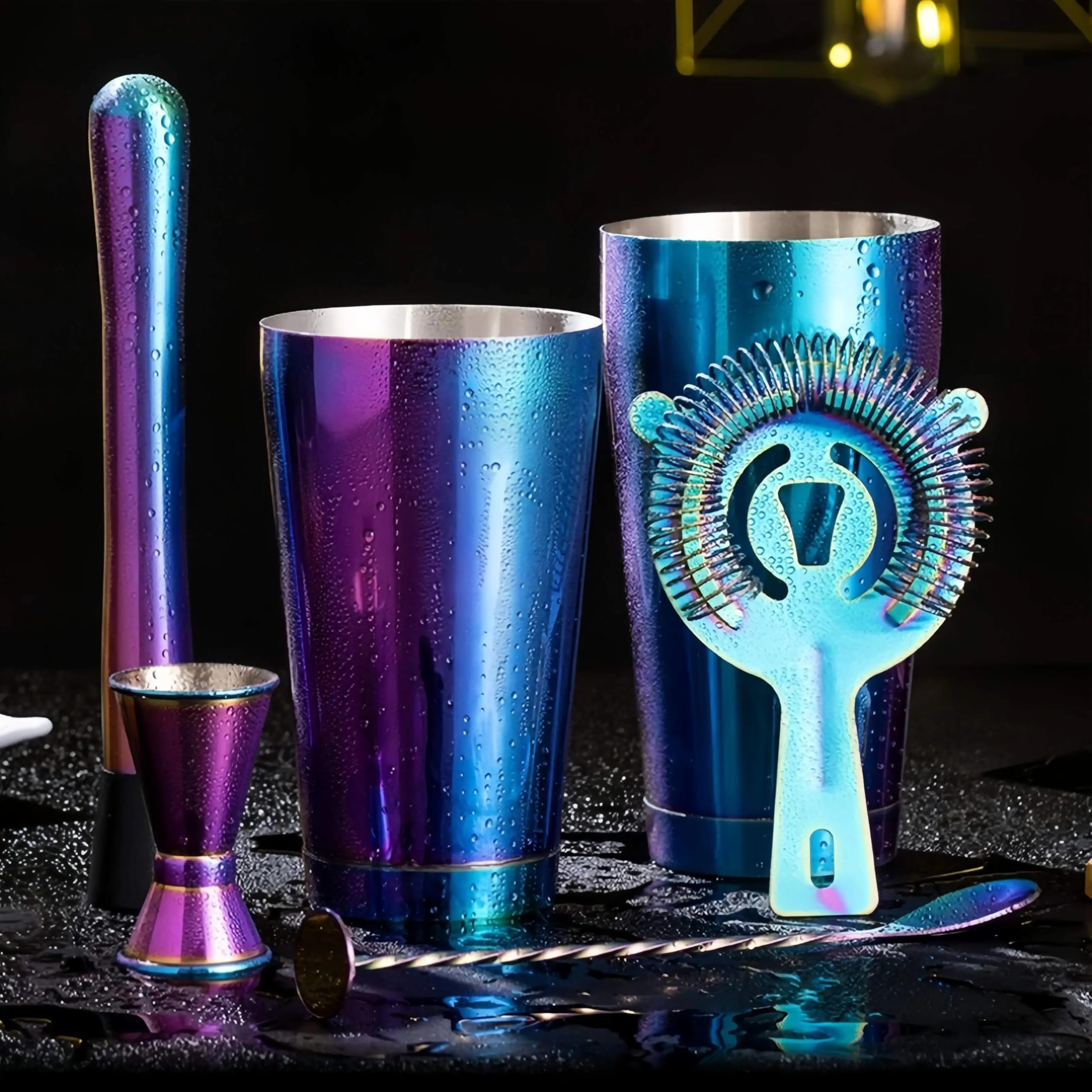 Shaker à Cocktail en INOX, Ensemble De Shakers Colorés Électrolytiques en Acier Inoxydable, À Cocktail, Accessoires for Le Vin, Cuillère Absinthe(11 Set Rose Gold)