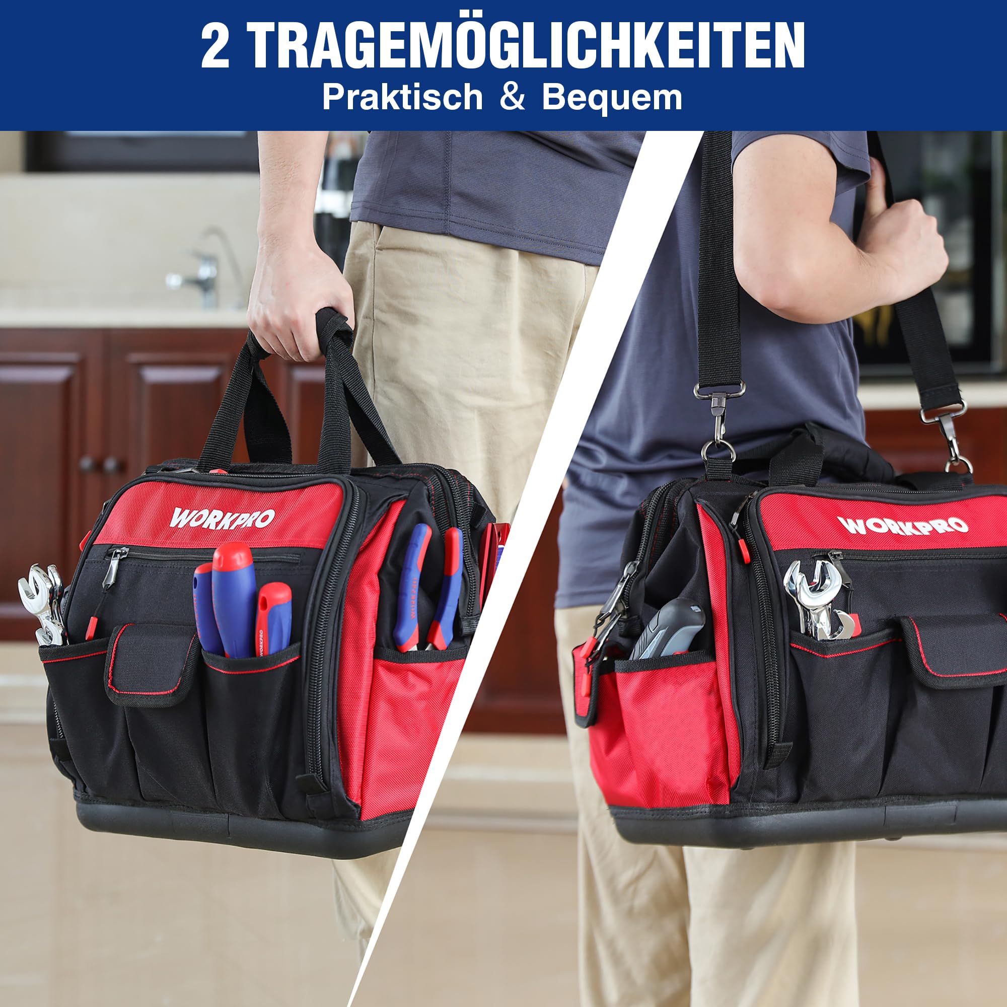WORKPRO Elektriker Wasserdichte Werkzeugtasche Profi, weite Öffnung & große Kapazität 42CM/16" aus 1680D Polyester, Schultergurt verstellbar, Multifunktion für Heimwerker Handwerker
