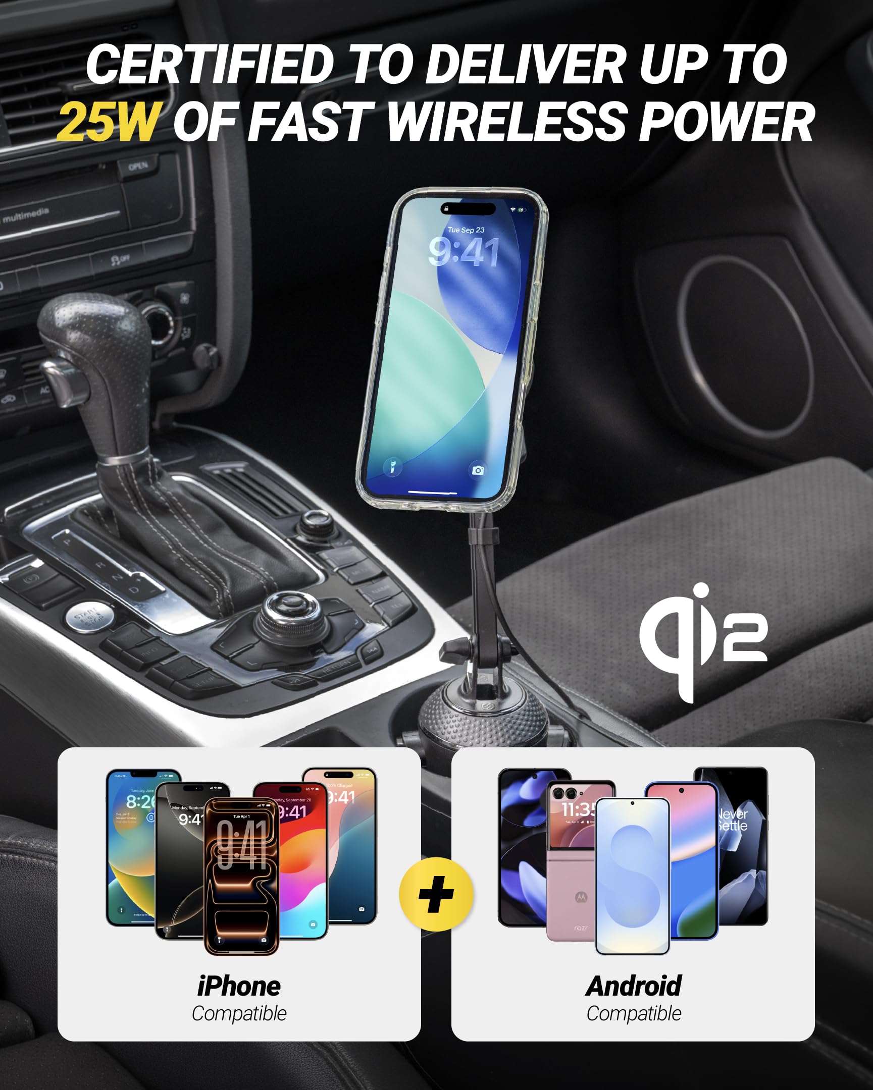 Scosche MagicMount Charge Elite Qi2 - Supporto per telefono con ricarica wireless MagSafe da 25 W, supporto magnetico da auto con collo regolabile per iPhone, Samsung, Pixel e dispositivi Qi2