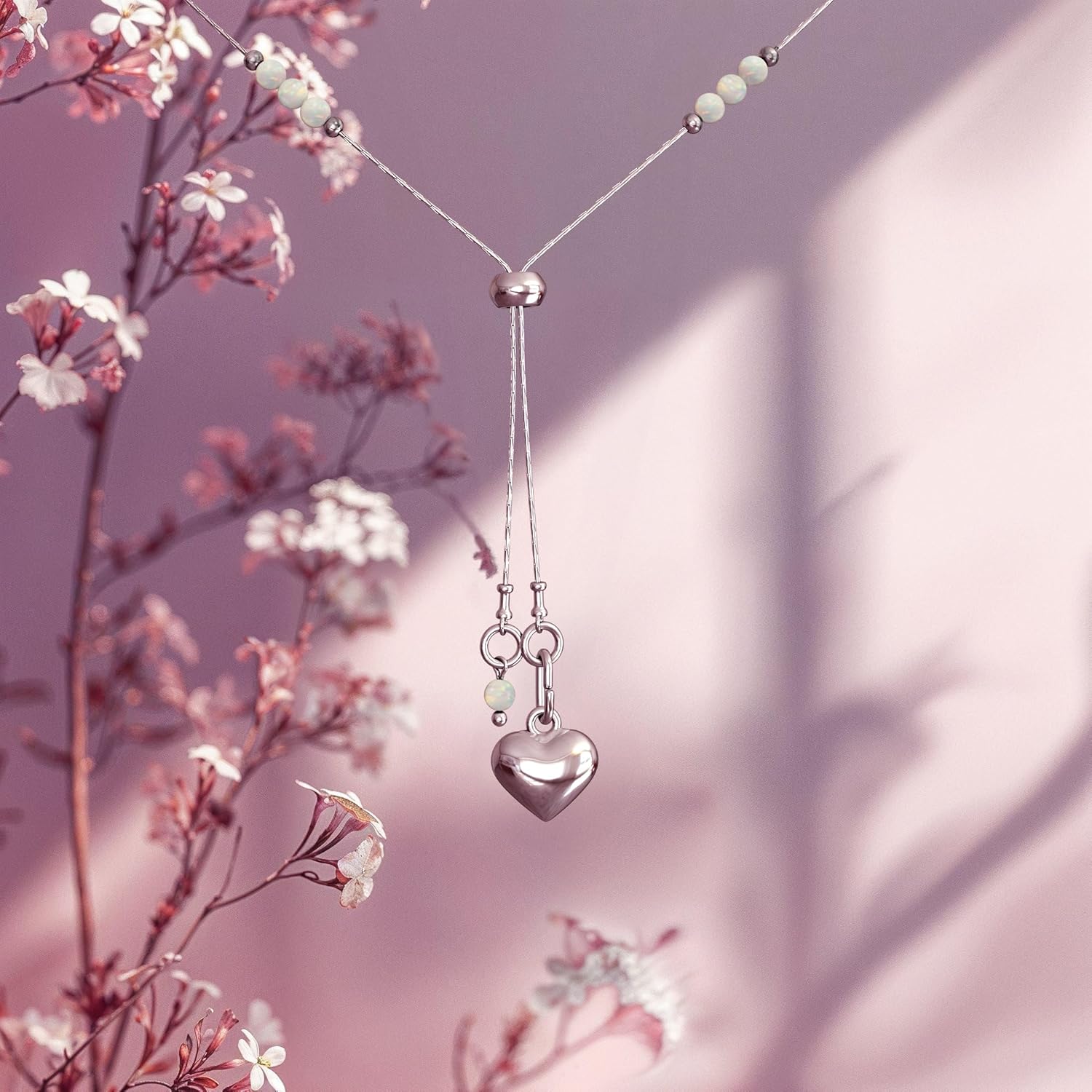 925 Sterling Silver White Opal Necklace - 3mm Round White Opal with Silver Heart Pendant - 44-62cm Cable Chain - October Birthstone Opal Jewelry for Women - For Classy Gift and Everyday Wear - Image 4