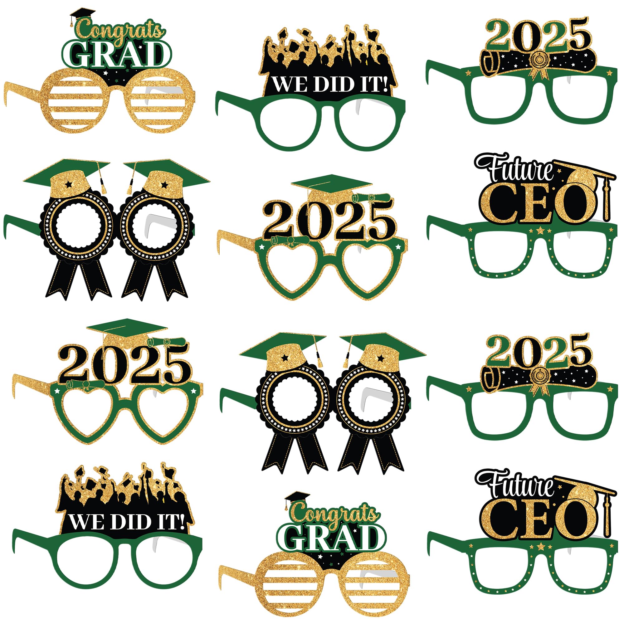 KatchOn, Green Graduation Eyeglasses 2025 - Big, Pack of 12 | Graduation Glasses for Green and Gold Graduation Decorations 2025 | Graduation Photo Booth Props for 2025 Graduation Party Decorations