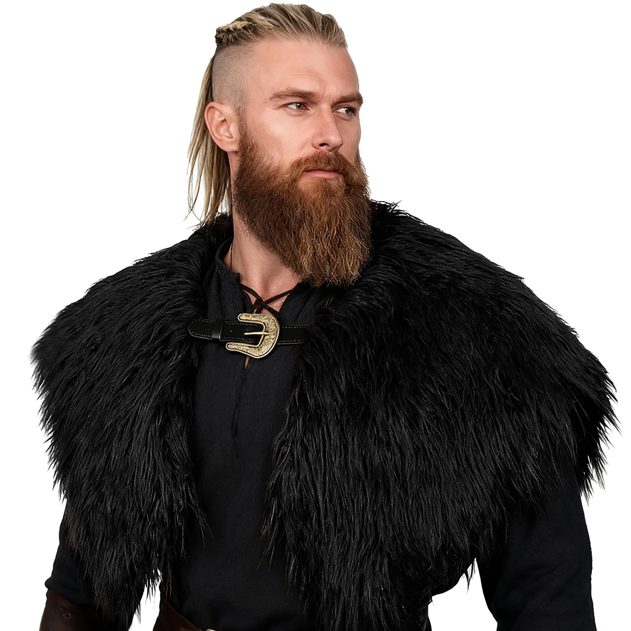 keland Hombres Vikingo Piel de Hombro Collar de Cuello de Piel Sintética Medieval Bufanda Capelet con Cinturón (Y-Negro)
