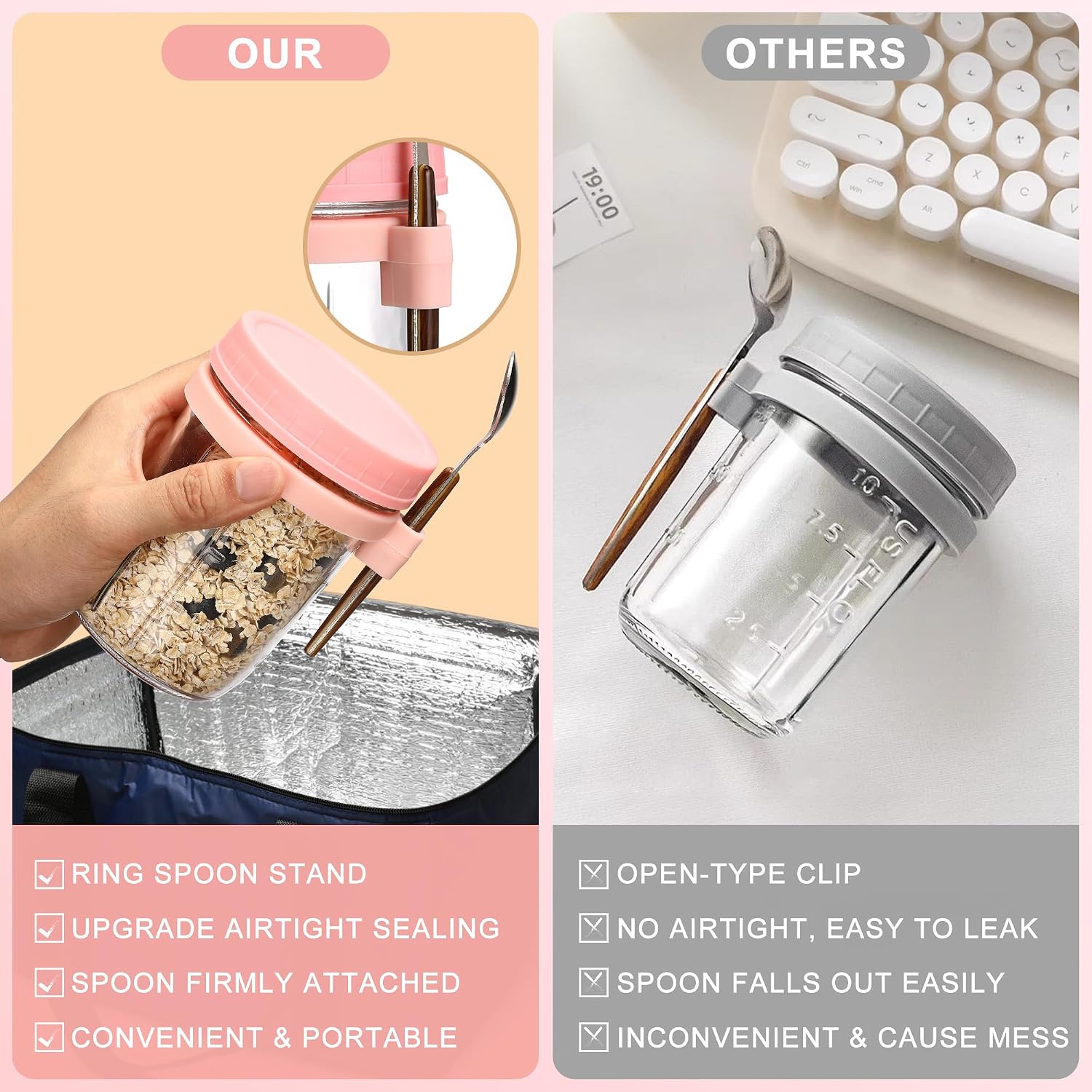 16oz Glass Mason Overnight Oats Jars, Cereal, Yogurt, Salad Lunch,Glass Overnight Oats Containers with Lids and Spoon, Container with Measurement Marks - (Pink-2Pcs)