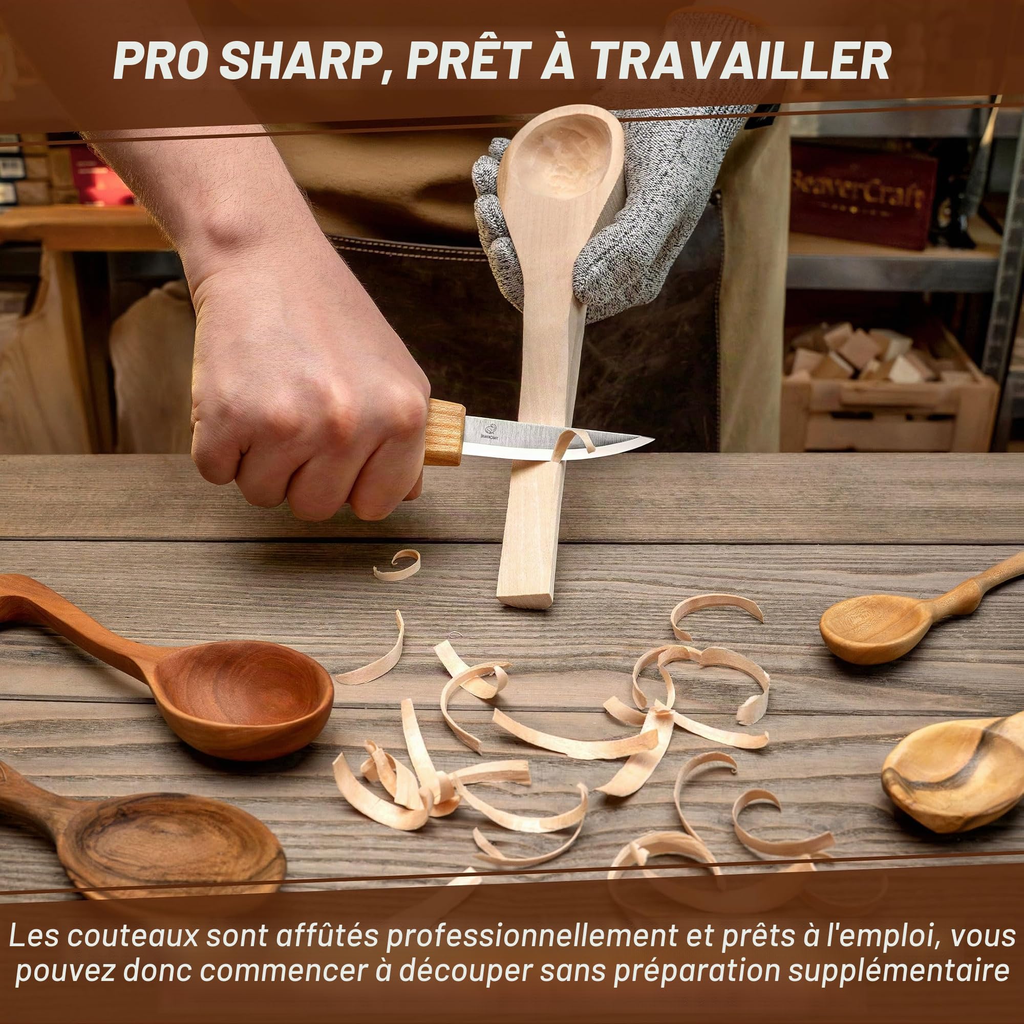 BeaverCraft S13 Set d'outils de sculpture sur bois pour la sculpture de cuillères 3 couteaux dans le rouleau d'outils affûteuse en cuir et pâte à polir crochet couteau de détail Sloyd Couteaux