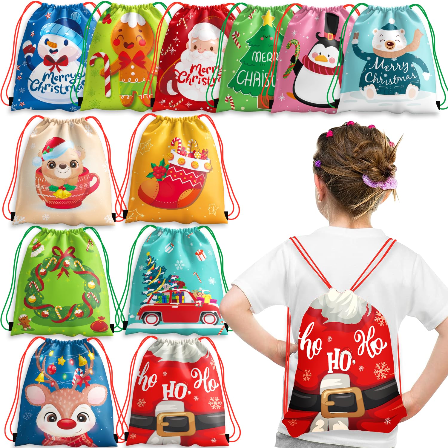 LARRAZABAL 12 Pcs Christmas Drawstring Gift Bags, Reusable Christmas Backpack Gift Bags Christmas Goody Bags Santa Claus Cartoon Wrapping Gift Bags for Christmas Party Supplies
