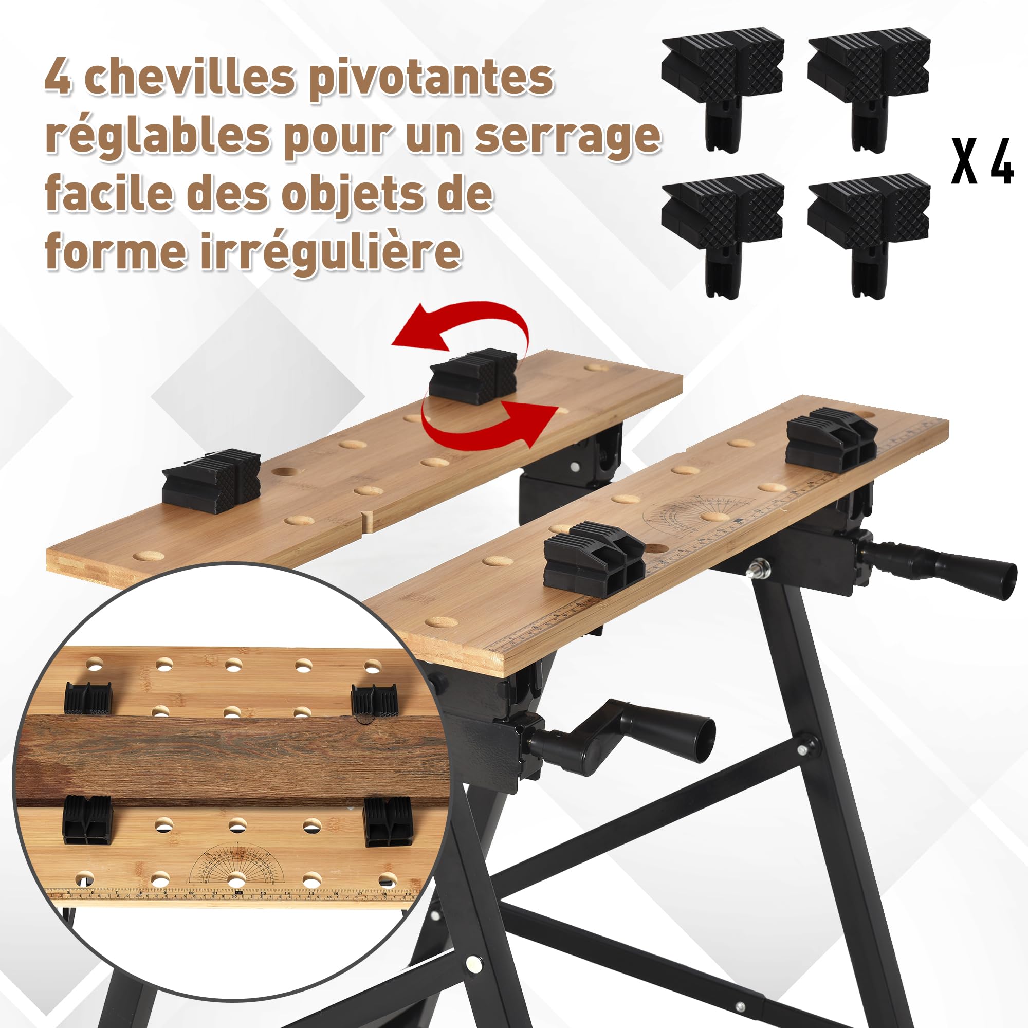 HOMCOM Établi Pliant établi de Serrage avec 4 Serre-Joints Table de Travail chevalet de sciage, Charge 150 kg, Structure en Acier, Plan de Travail pour Chantier Atelier Garage, 63,5x60,5x78cm, Noir