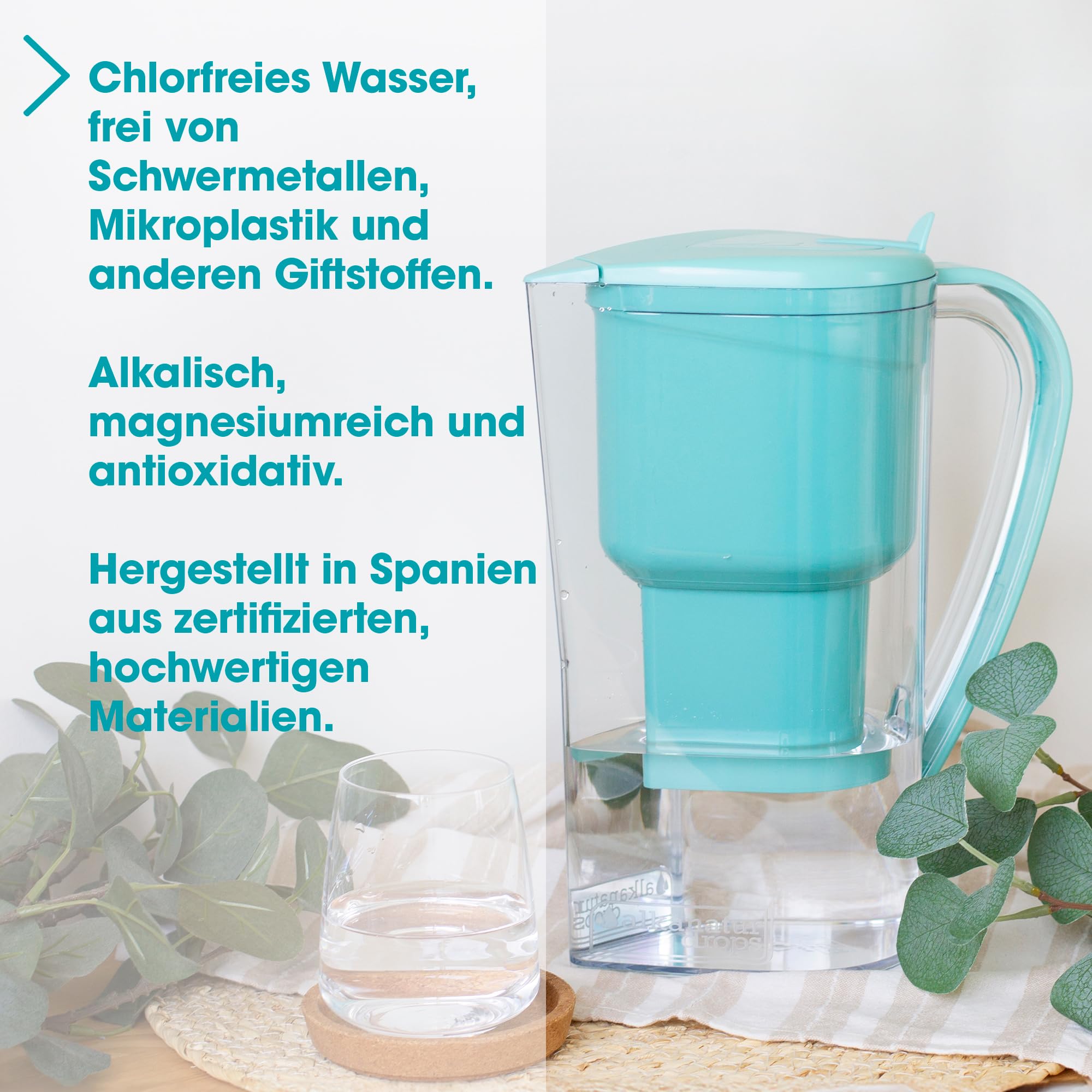 Wasserfilter Filtersystem Trinkwasser Kanne für Leitungswasser mit Zeolith Klinoptilolith Filter Gibt Magnesium Ab pH 9 1.4L Entfernt Kalk Chlor Metalle Ohne BPA Water Filter Jug ALKANATUR