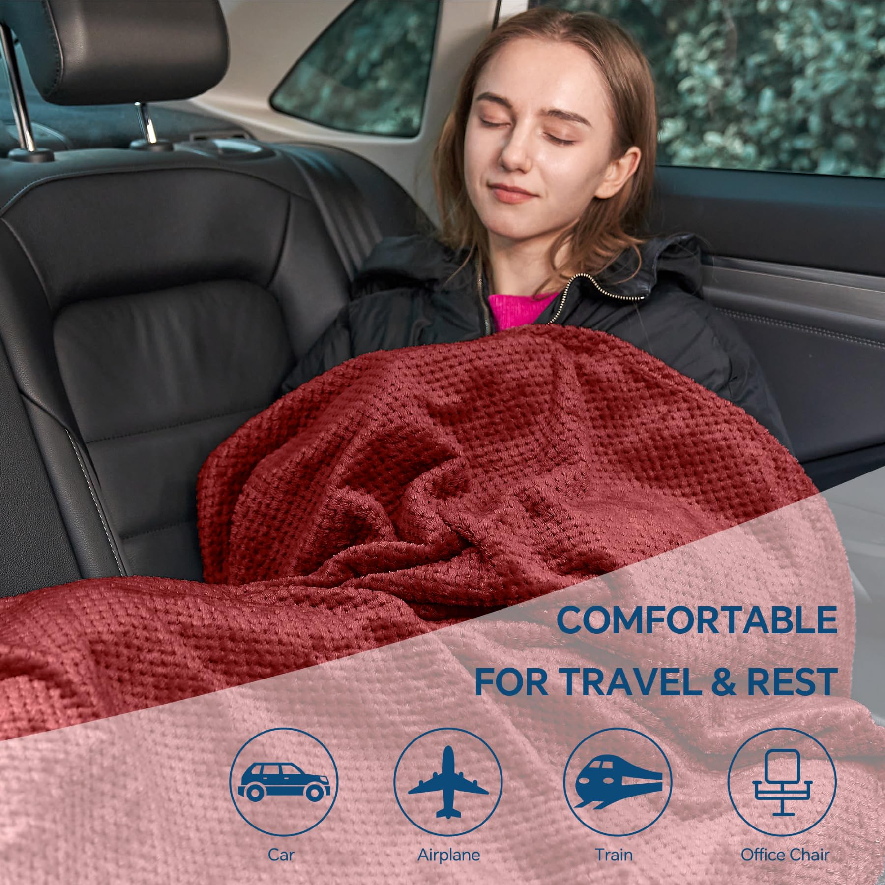 BEDELITE Travel Blanket with Bag, Jacquard Fleece Blanket 65"x40", Burgundy view 7